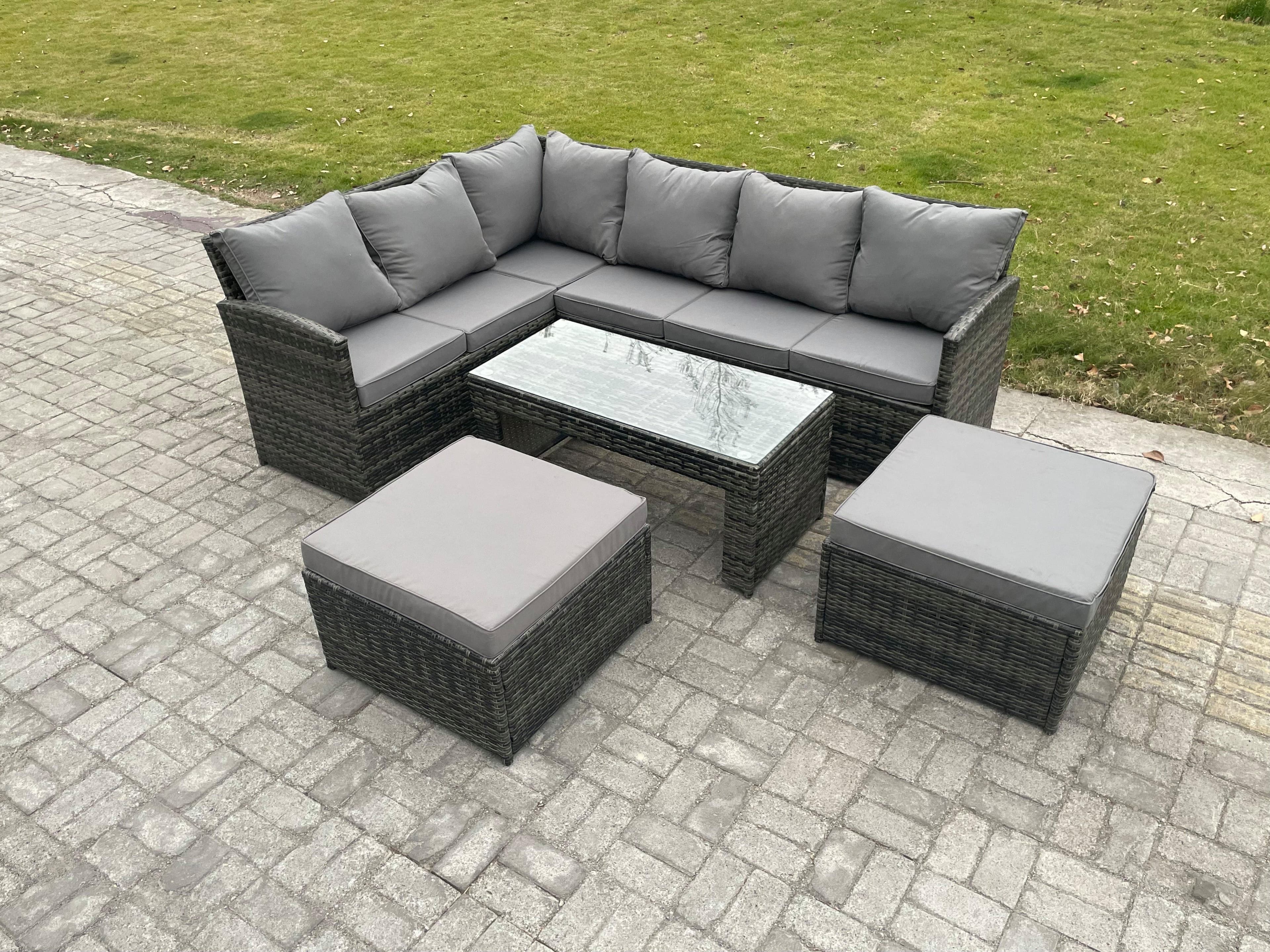 Rattan Garden Furniture Sets High Back Corner Sofa Oblong Coffee Table Set 2 Big Footstool Dark Grey Mixed