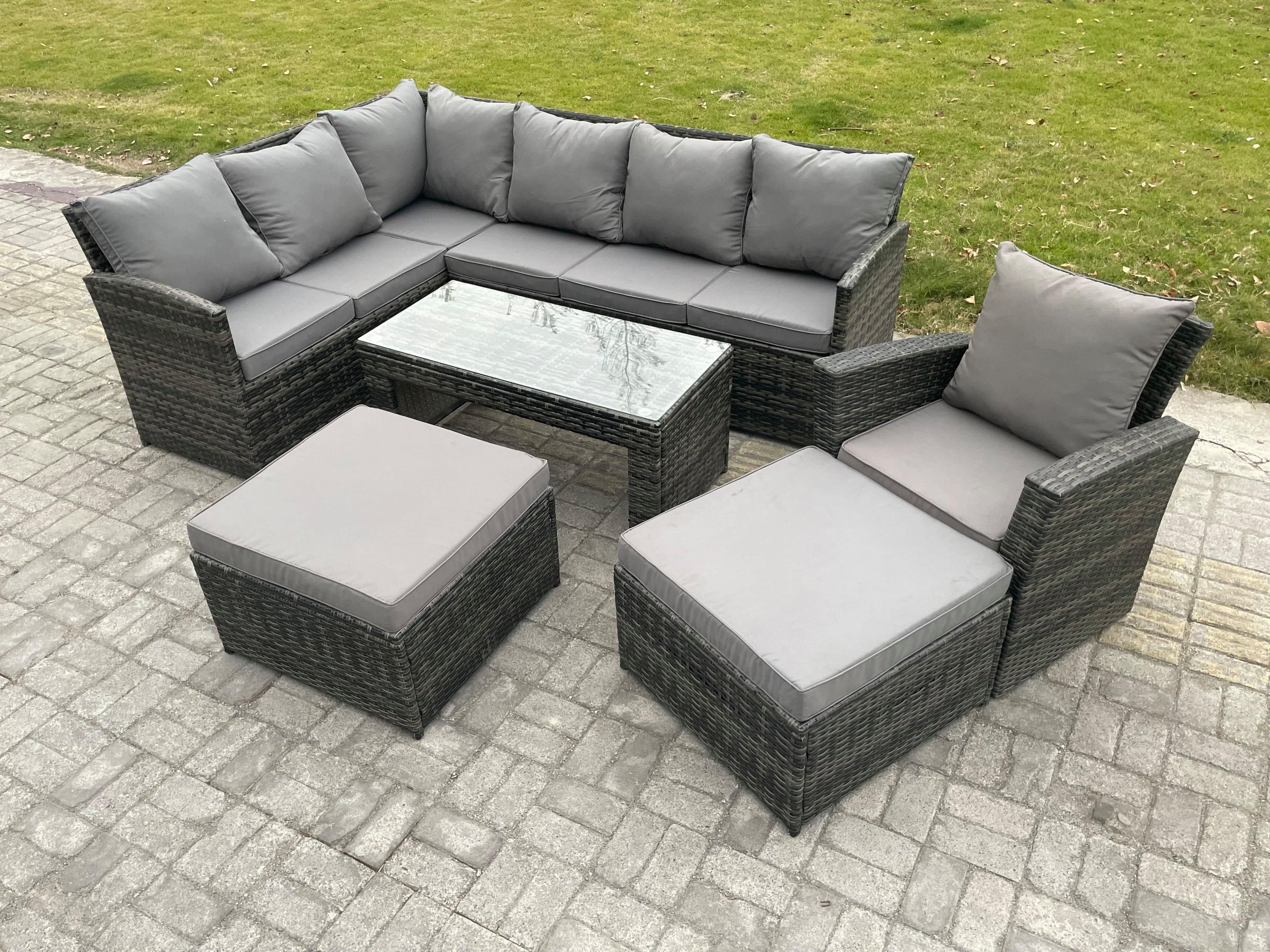 Rattan Garden Furniture Sets High Back Corner Sofa Oblong Coffee Table Set 2 Big Footstool Armchair Dark Grey Mixed