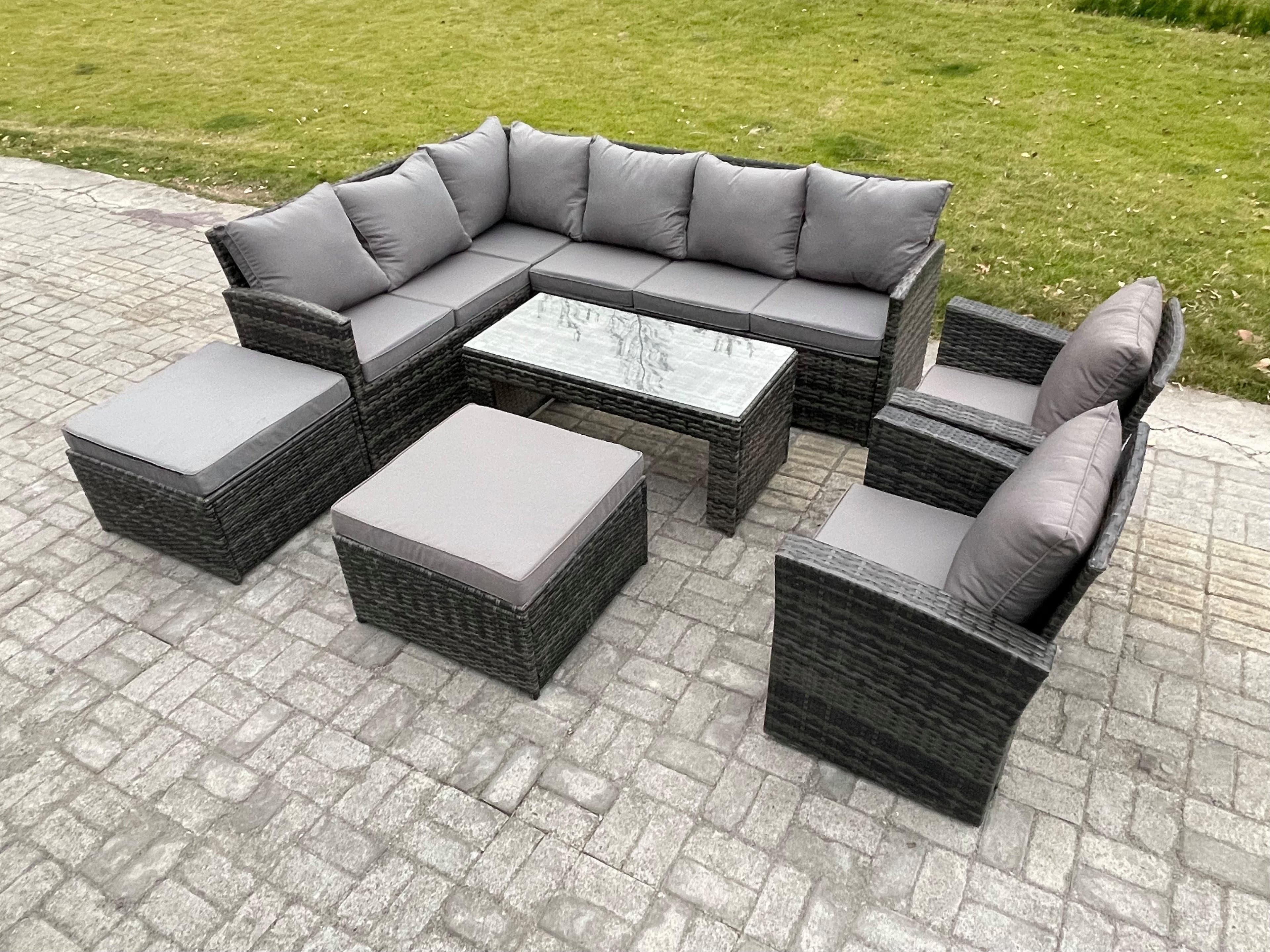 Rattan Garden Furniture Sets High Back Corner Sofa Oblong Coffee Table Set 2 Big Footstool 2 Armchairs Dark Grey Mixed