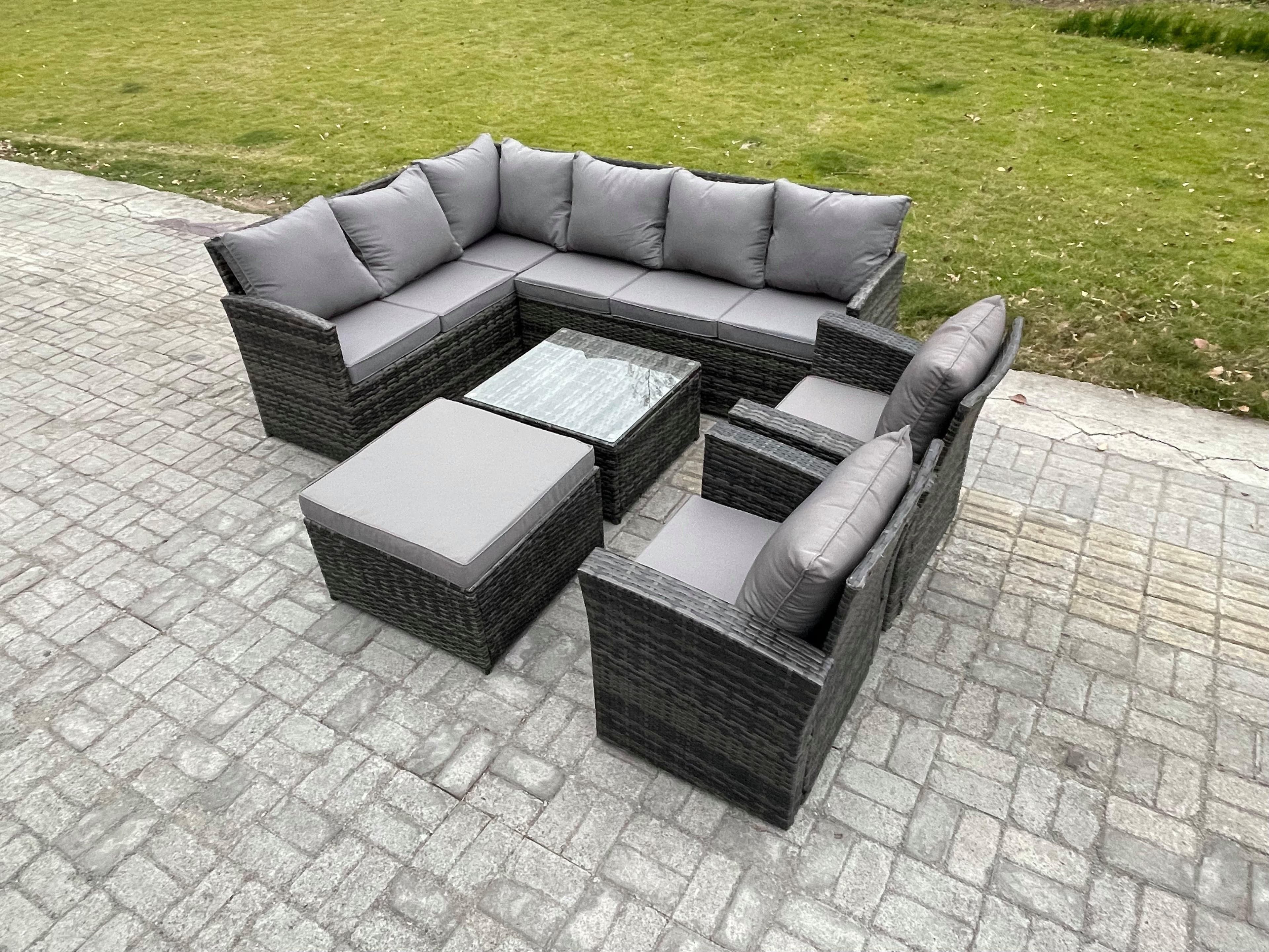 Rattan Garden Furniture Sets High Back Corner Sofa Square Coffee Table Set Big Footstool 2 Armchairs Dark Grey Mixed