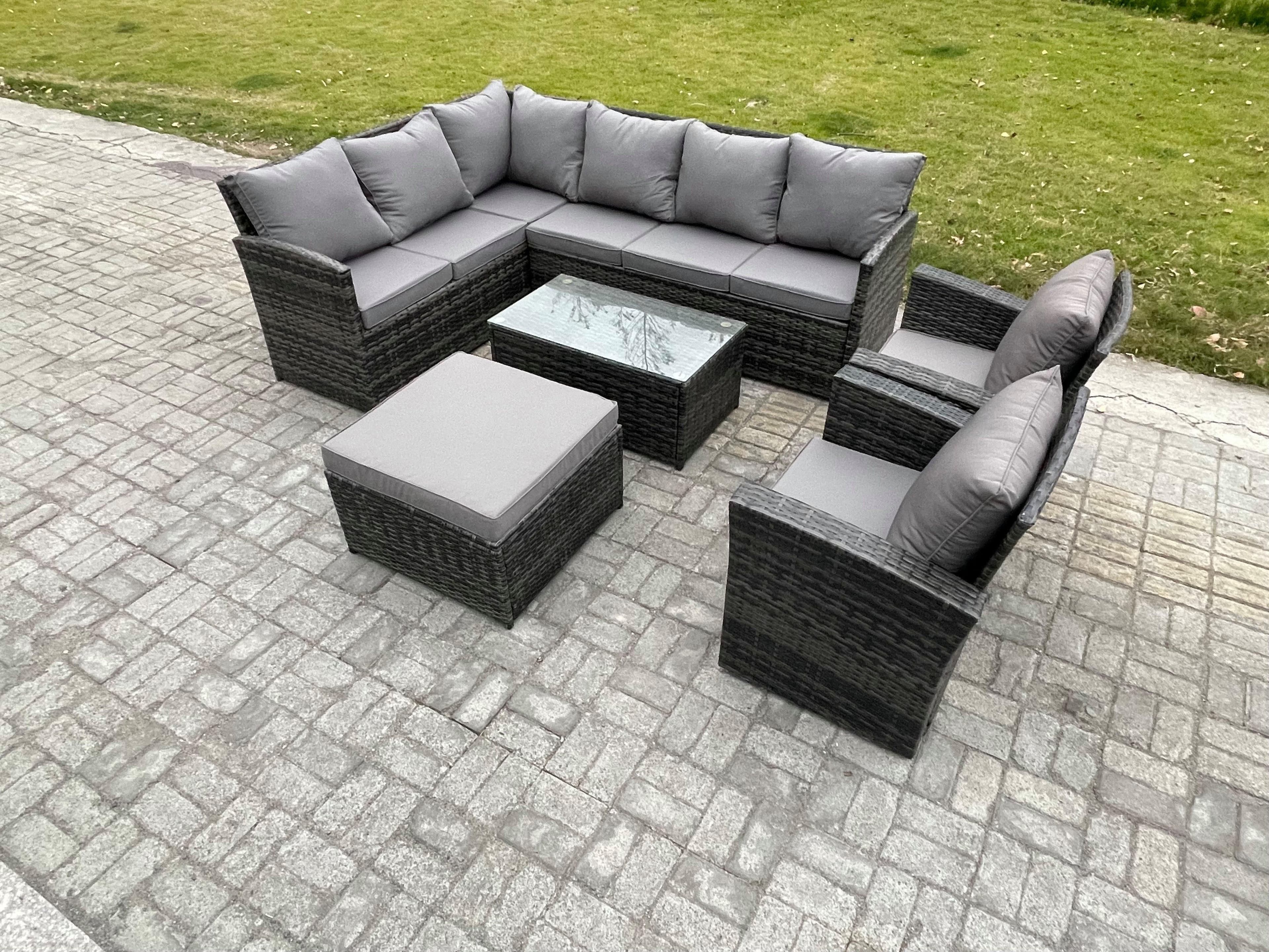 9 Seater Rattan Garden Furniture Sets High Back Corner Sofa Rectangular Coffee Table Set Big Footstool 2 Armchairs Dark Grey Mixed
