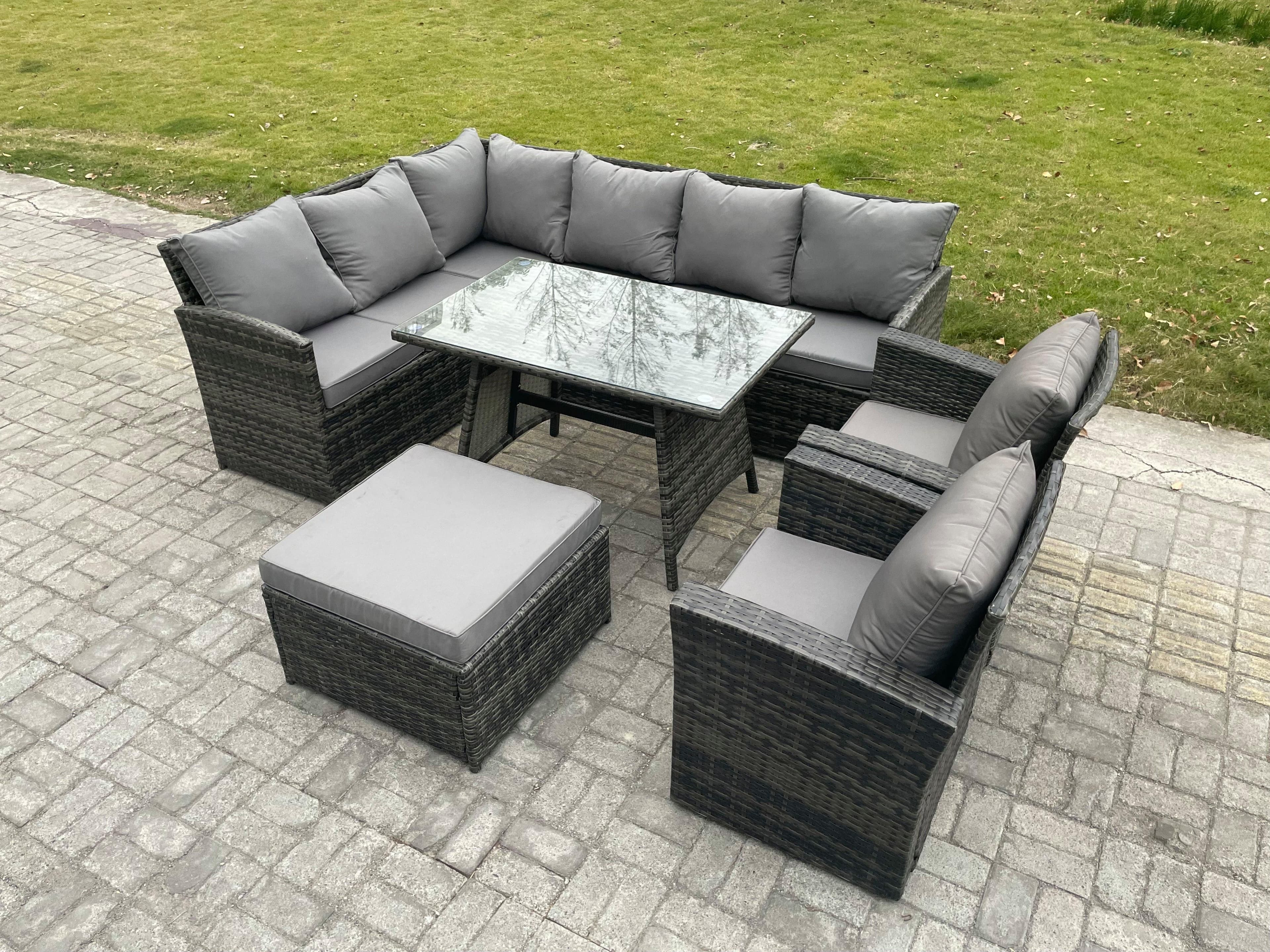 9 Seater Rattan Garden Furniture Sets High Back Corner Sofa Rectangular Dining Table Set Big Footstool 2 Armchairs Dark Grey Mixed
