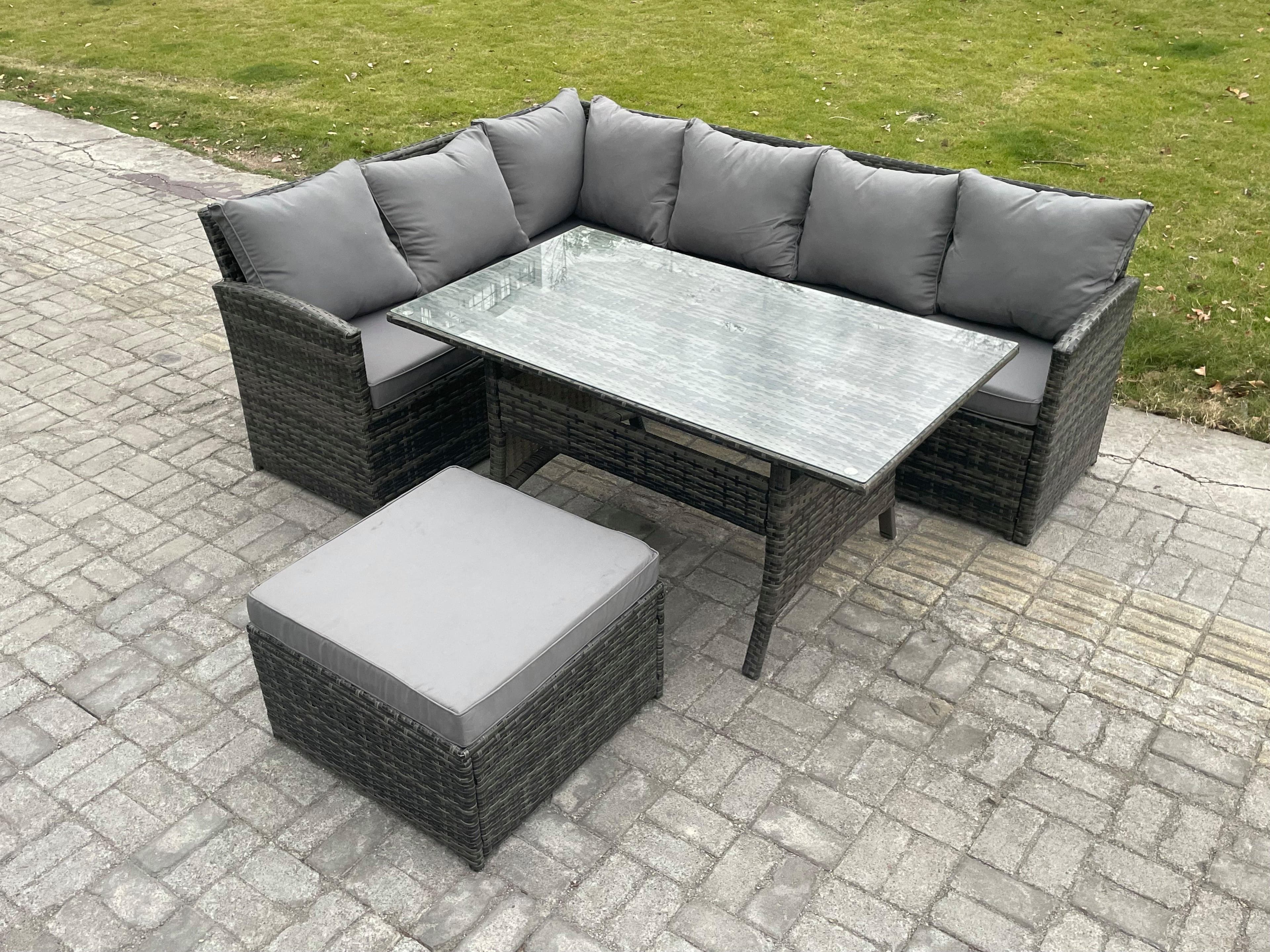 7 Seater Rattan Garden Furniture Sets High Back Corner Sofa Rectangular Dining Table Set Big Footstool Dark Grey Mixed