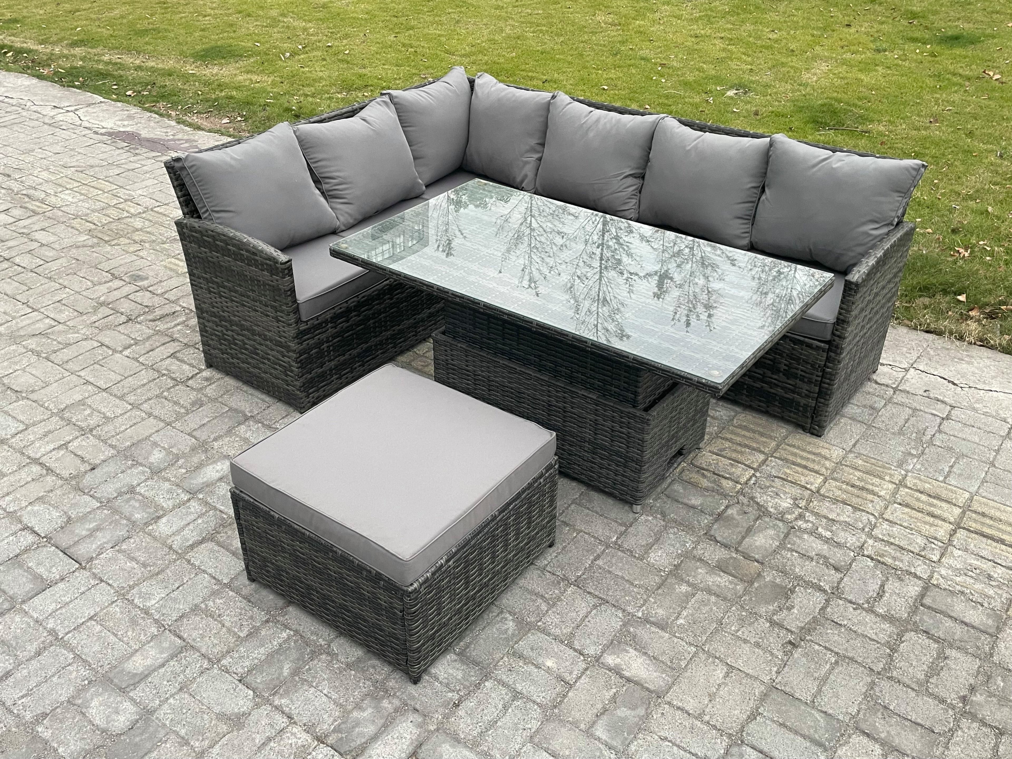 7 Seater Rattan Garden Furniture Sets High Back Corner Sofa Height Adjustable Rising Lifting Table Set Big Footstool Dark Grey Mixed