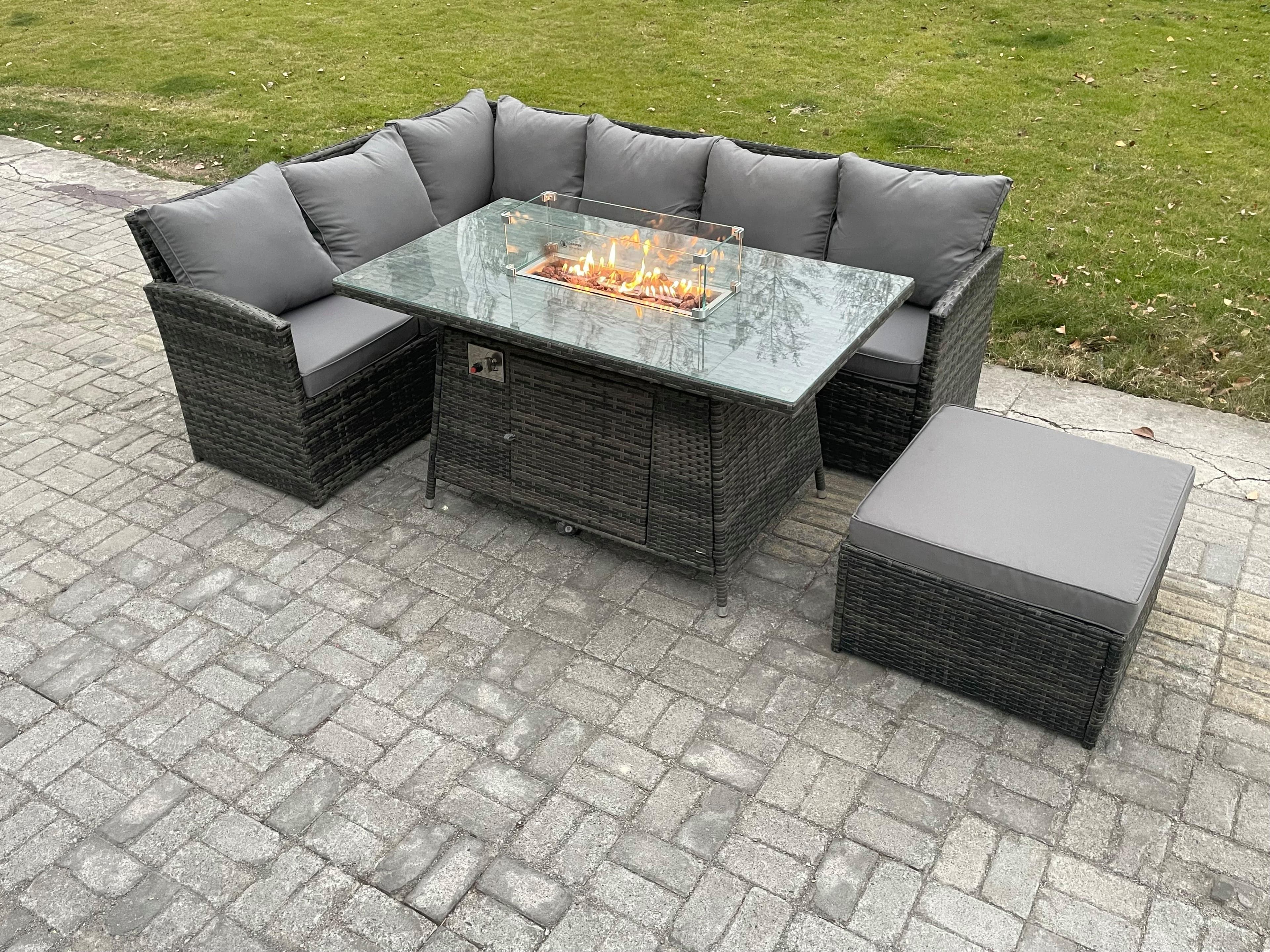 7 Seater Rattan Garden Furniture Sets High Back Corner Sofa Fire Pit Dining Table Sets Gas Heater Big Footstool Dark Grey Mixed