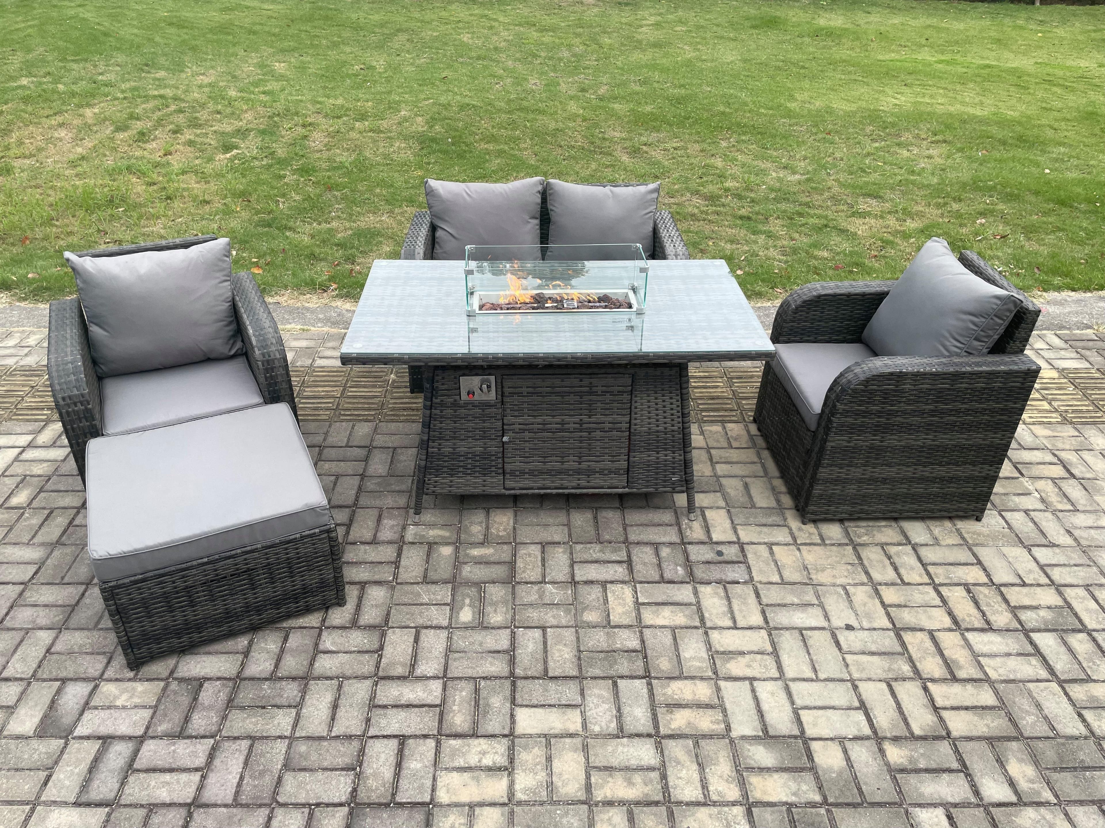 Rattan Outdoor Garden Furniture Set Gas Fire Pit Dining Table Chair Love seat Sofa Footstool
