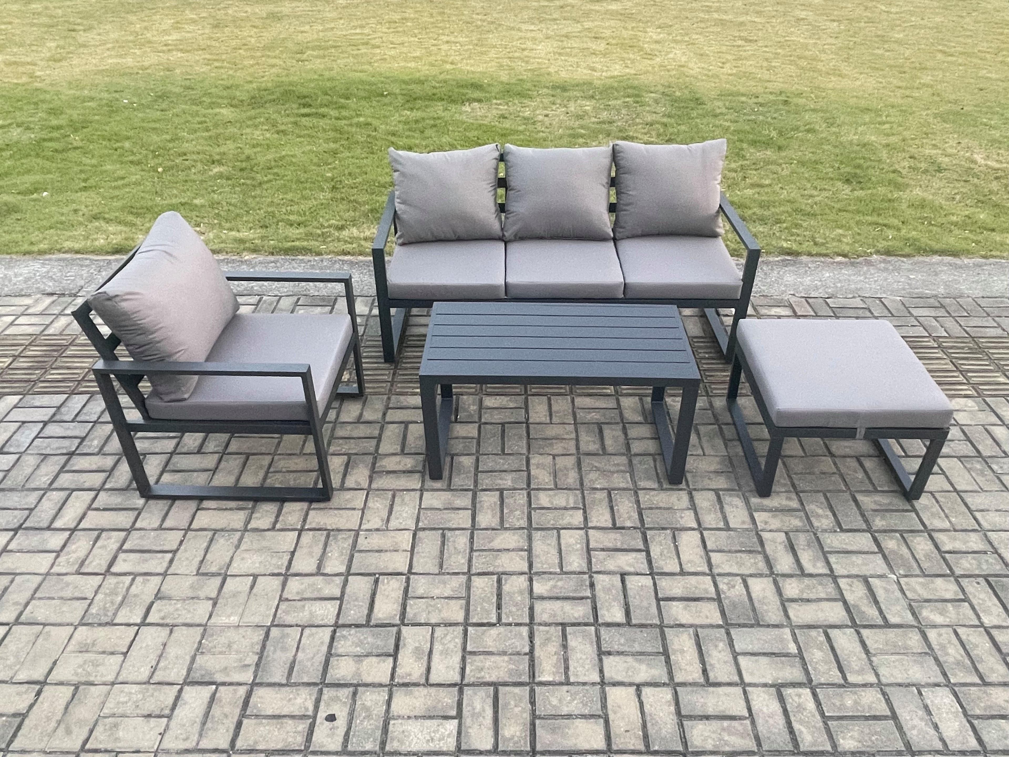 Aluminium Outdoor Garden Furniture Set Patio Lounge Sofa Oblong Coffee Table Big Footstool Armchair Dark Grey