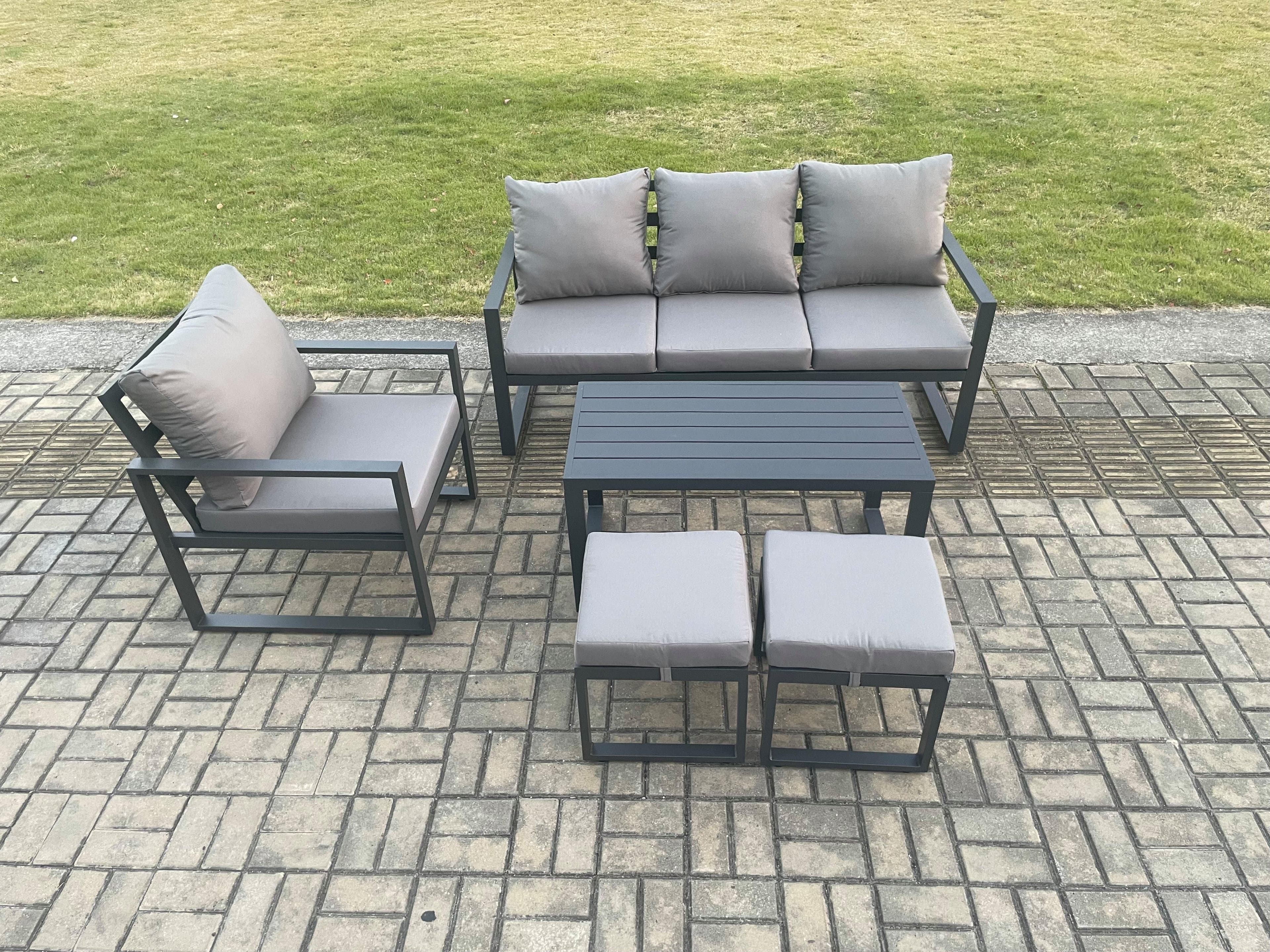 Aluminium Outdoor Garden Furniture Set Patio Lounge Sofa Oblong Coffee Table 2 Small Footstools Armchair Dark Grey