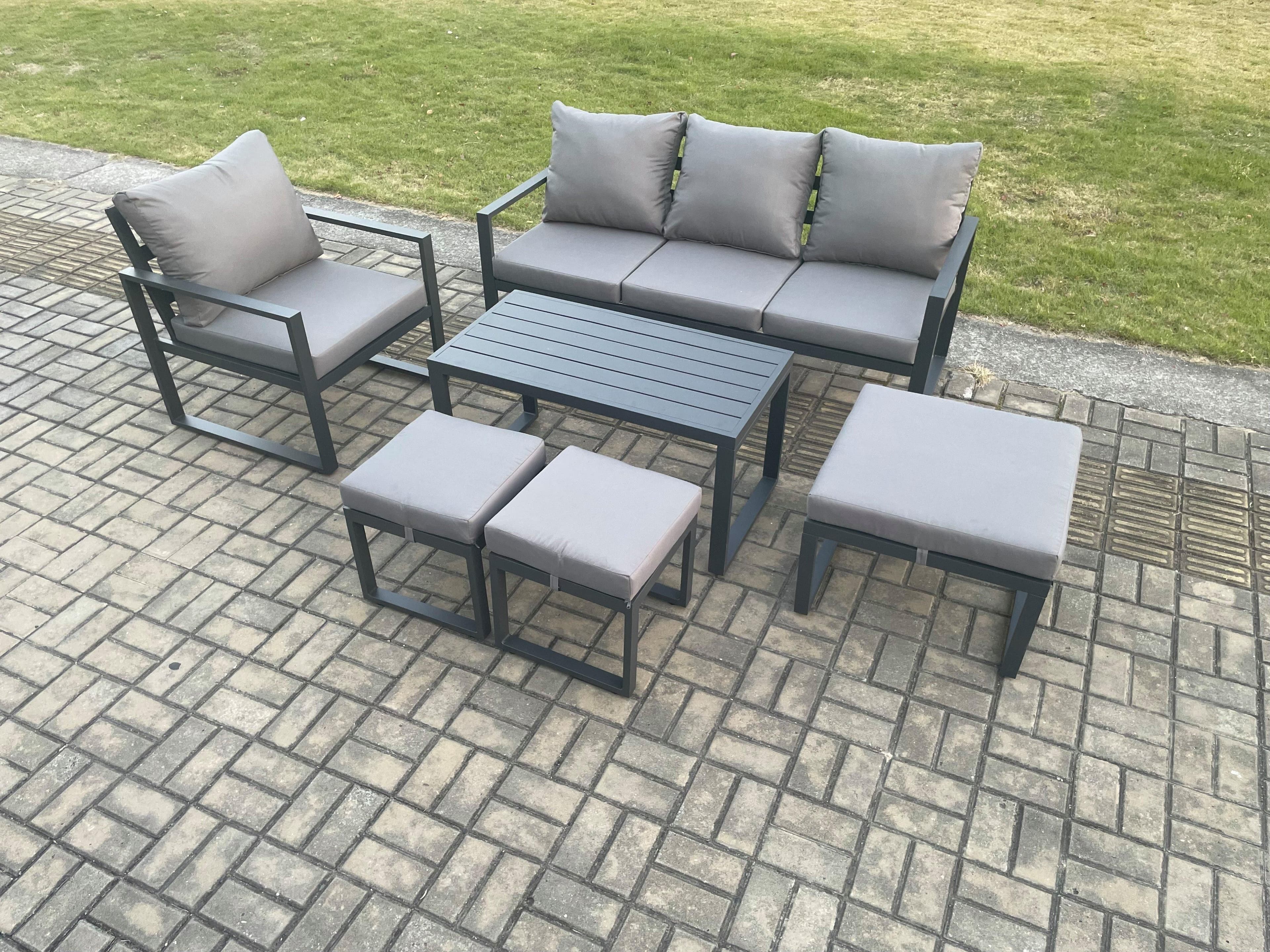 Aluminium Outdoor Garden Furniture Set Patio Lounge Sofa Oblong Coffee Table 3 Footstools Armchair Dark Grey