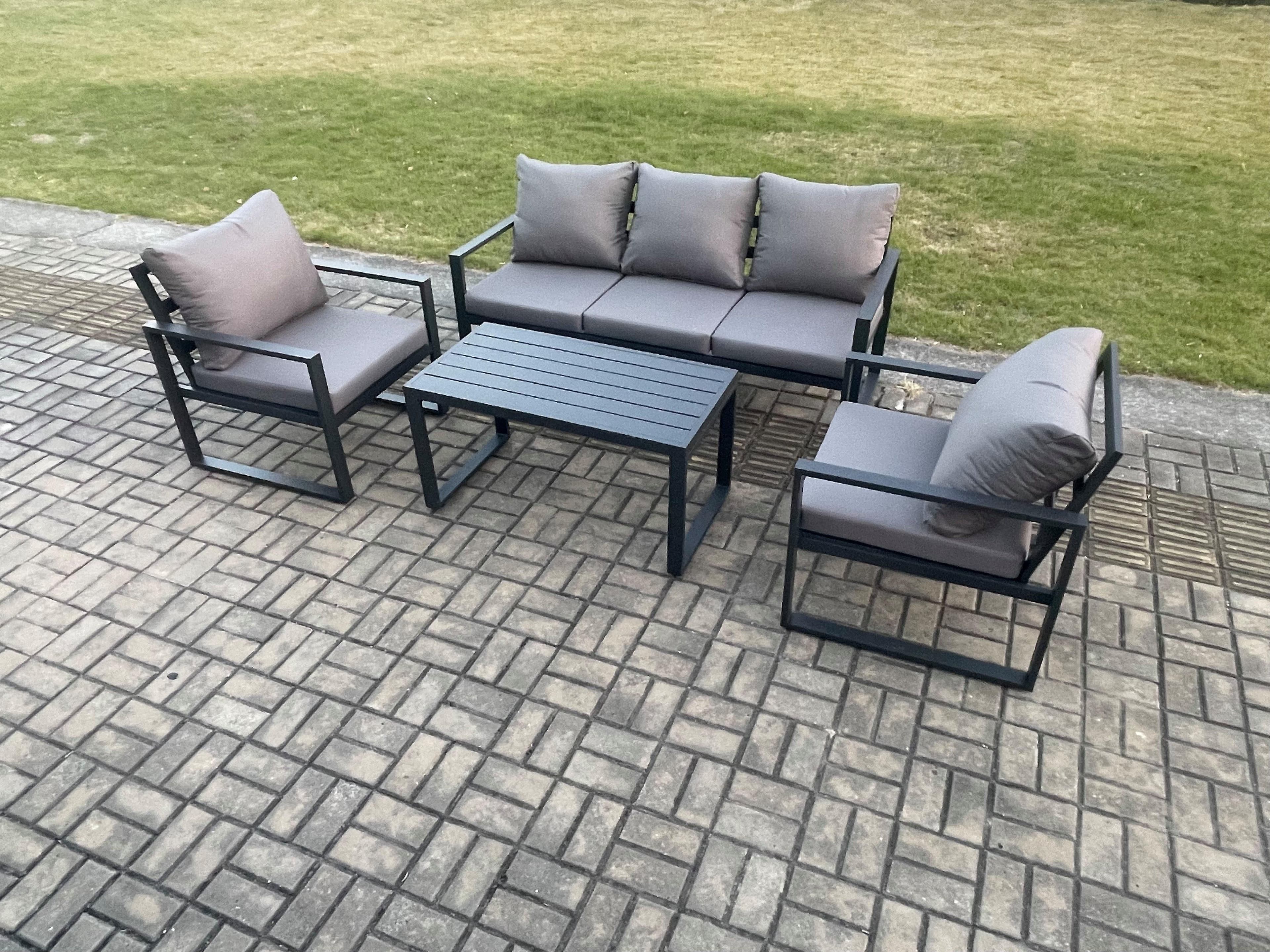 Aluminium Outdoor Garden Furniture Set Patio Lounge Sofa Oblong Coffee Table 2 Armchairs Set Dark Grey
