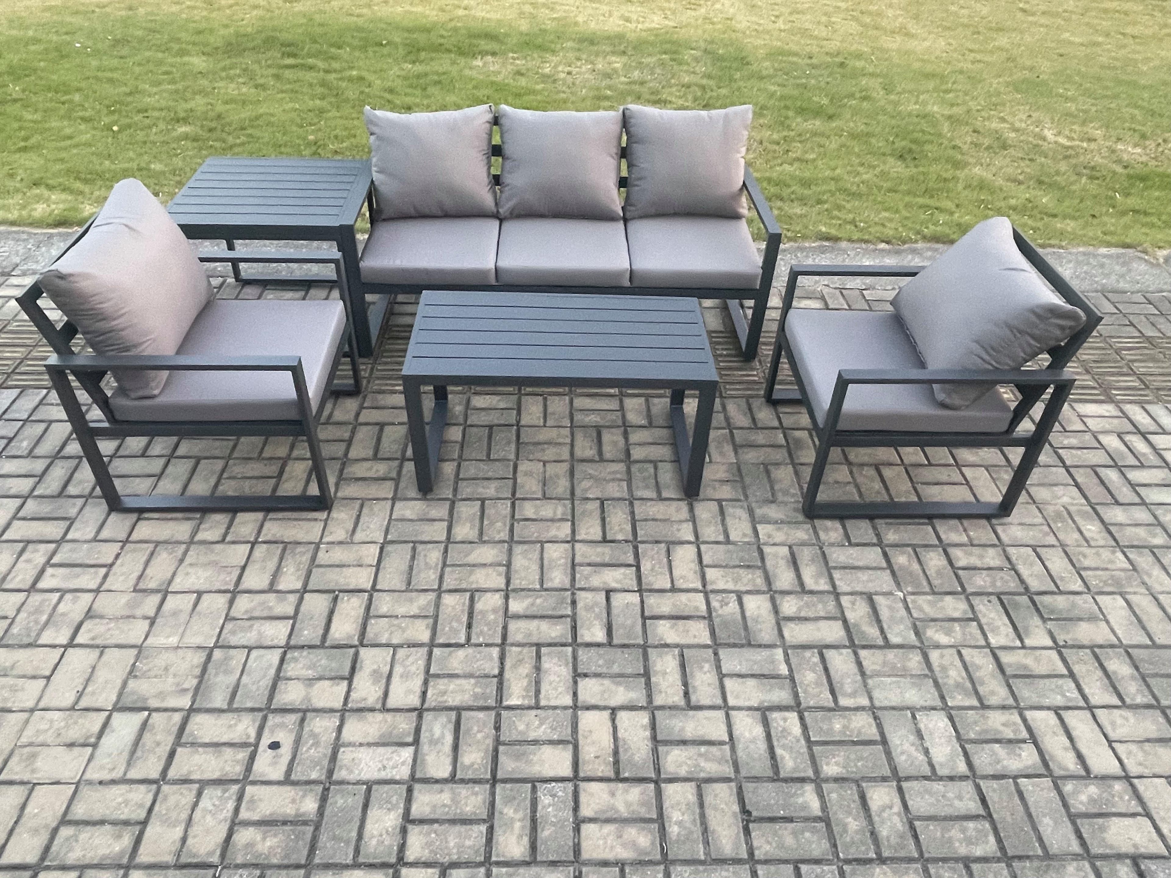 Aluminium Outdoor Garden Furniture Set Patio Lounge Sofa Oblong Coffee Table 2 Armchairs Side Table Dark Grey