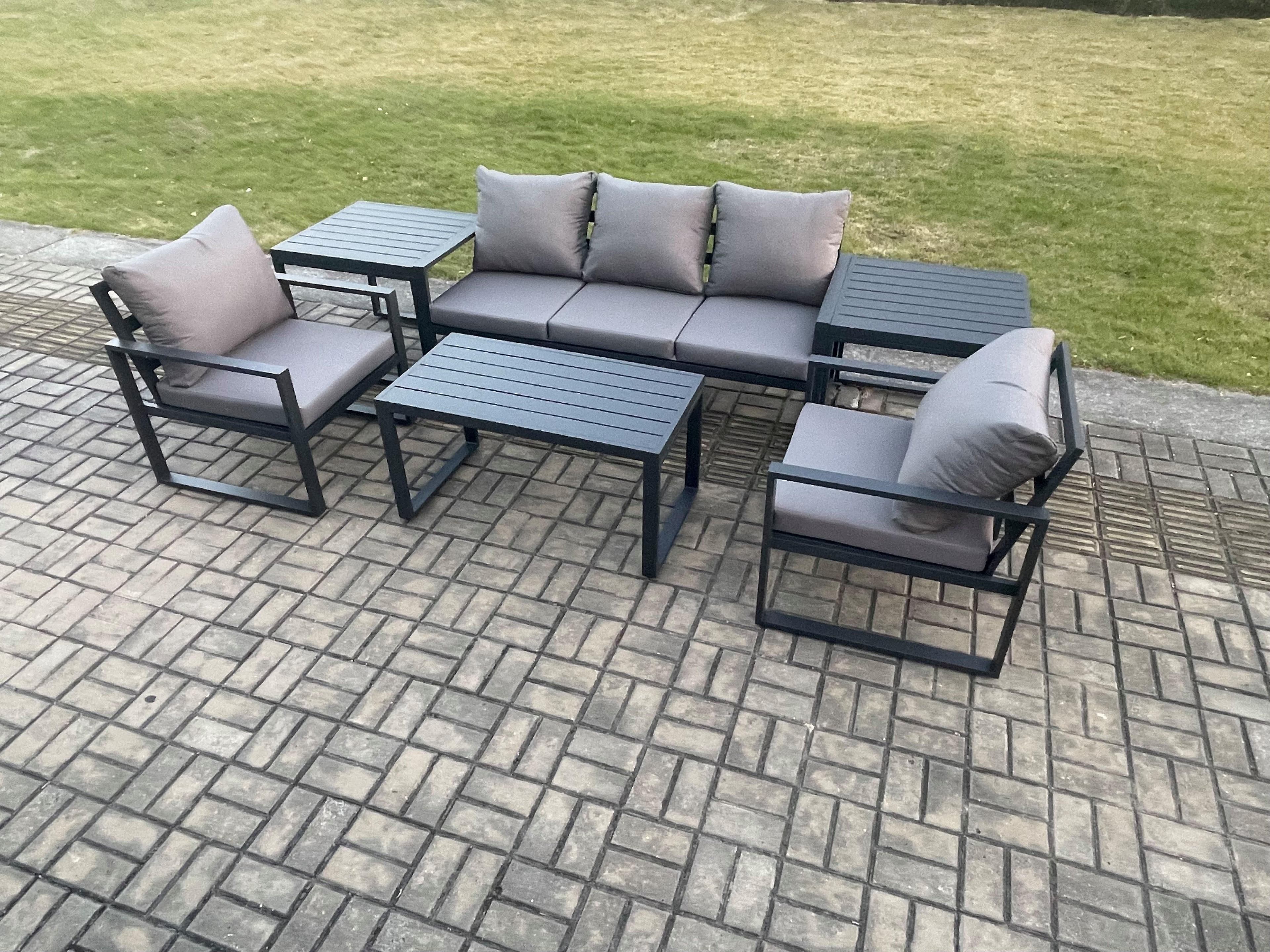 Aluminium Garden Furniture Set Patio Lounge Sofa Oblong Coffee Table 2 Armchairs 2 Side Table Dark Grey