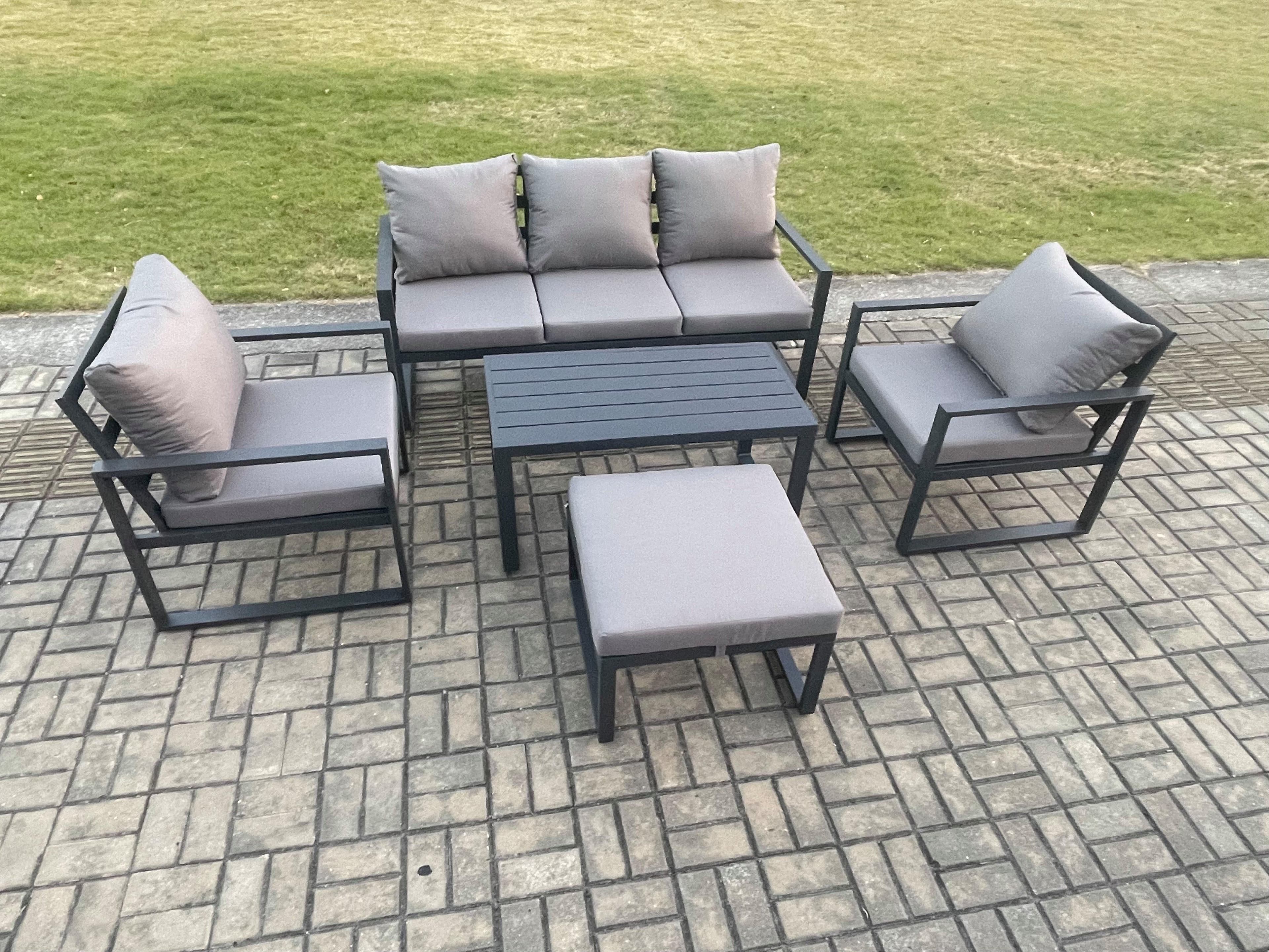 Aluminium Outdoor Furniture Set 6 Seater Garden Sofa Oblong Coffee Table Big Footstool 2 Armchairs Dark Grey
