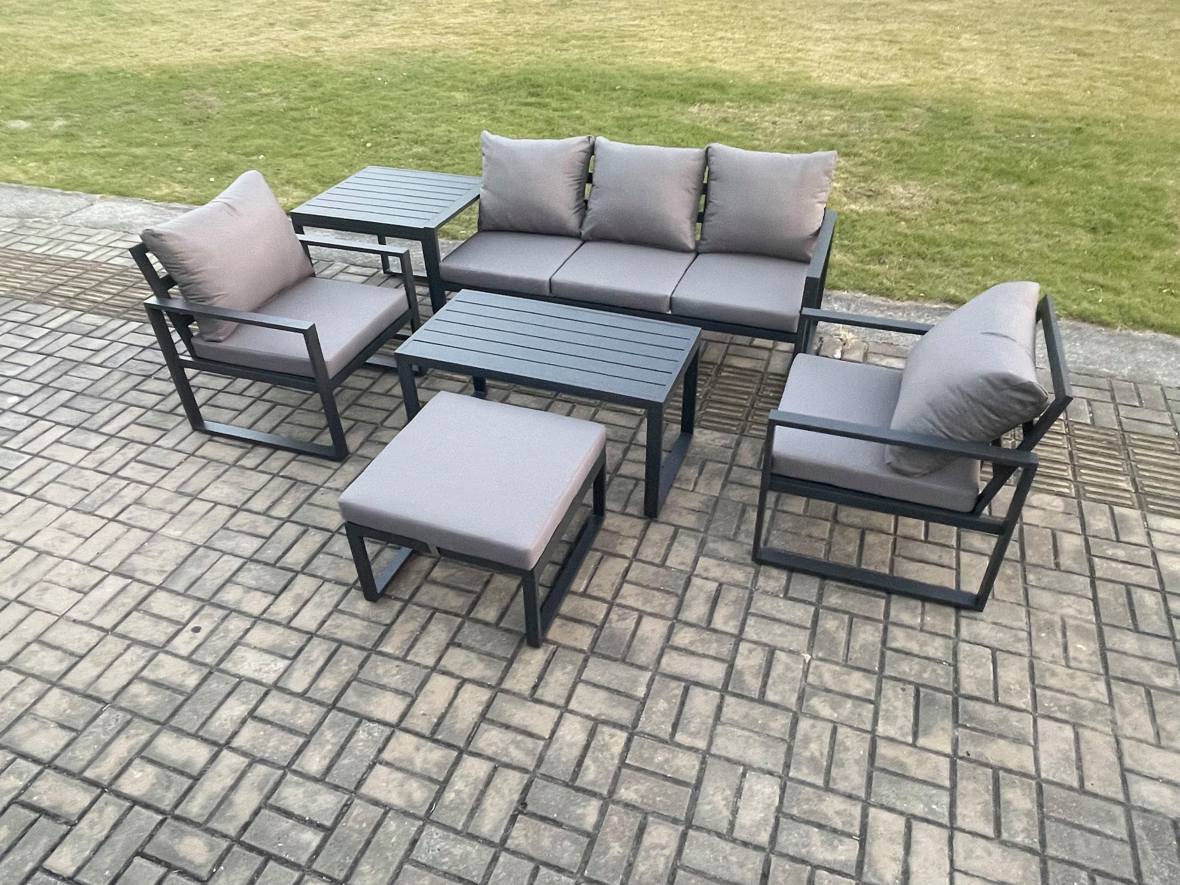Aluminium Outdoor Furniture Set 6 Seater Garden Sofa Oblong Coffee Table Big Footstool 2 Armchairs Side Table Dark Grey
