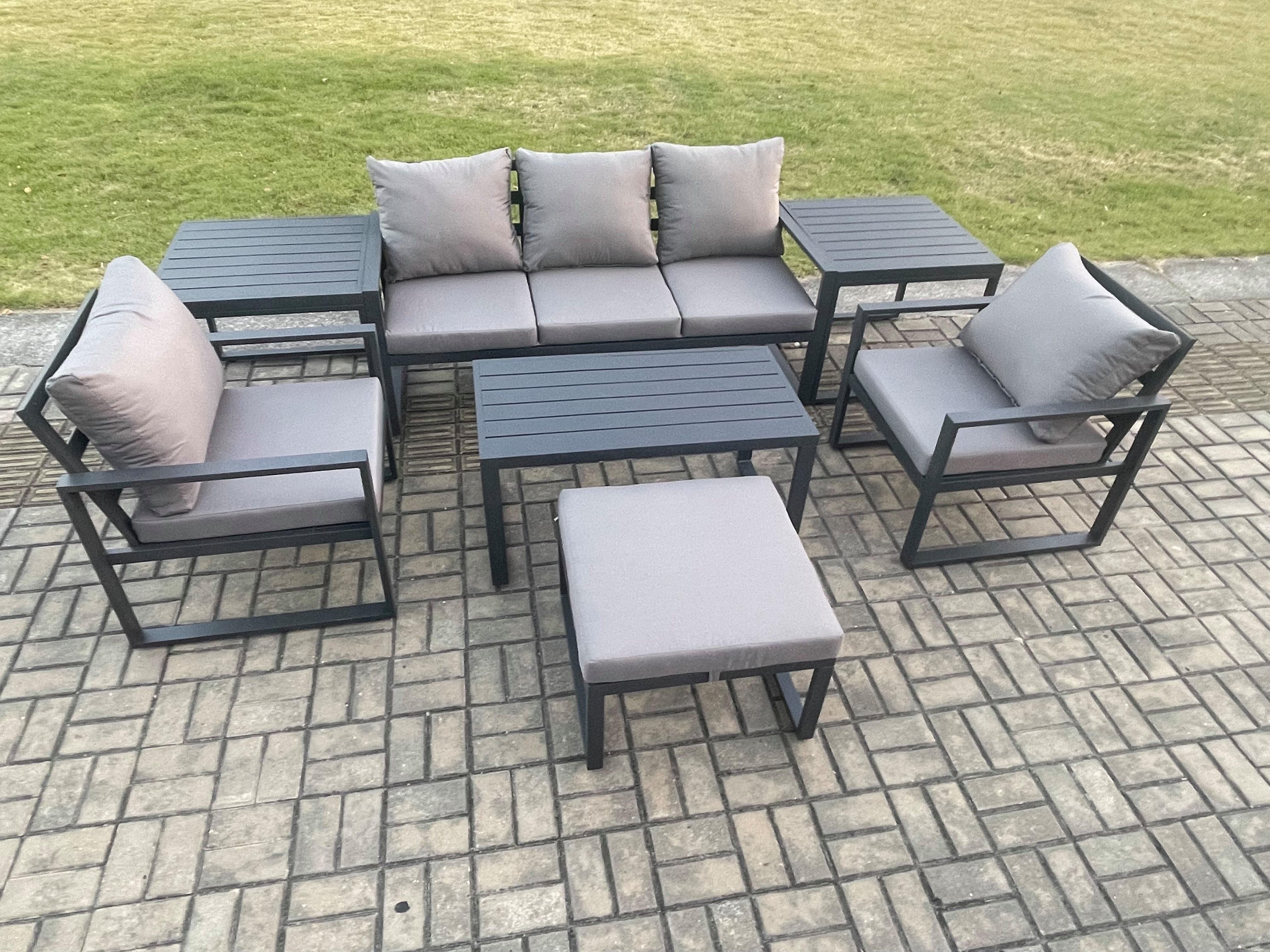 Aluminium Outdoor Furniture Set 6 Seater Garden Sofa Oblong Coffee Table Big Footstool 2 Armchairs 2 Side Tables Dark Grey