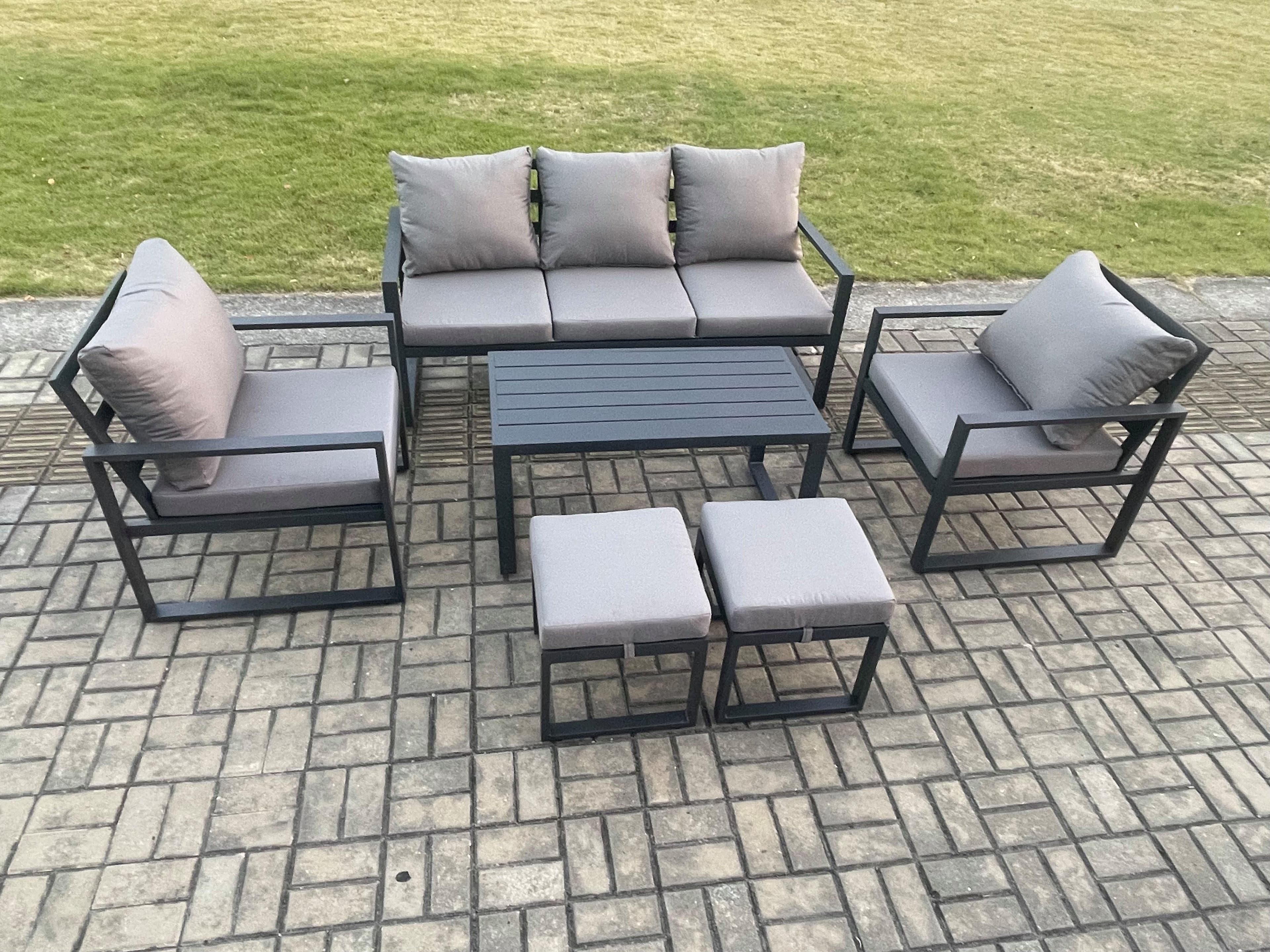 Aluminium Outdoor Furniture Set 7 Seater Garden Sofa Oblong Coffee Table 2 Small Footstools 2 Armchairs Dark Grey