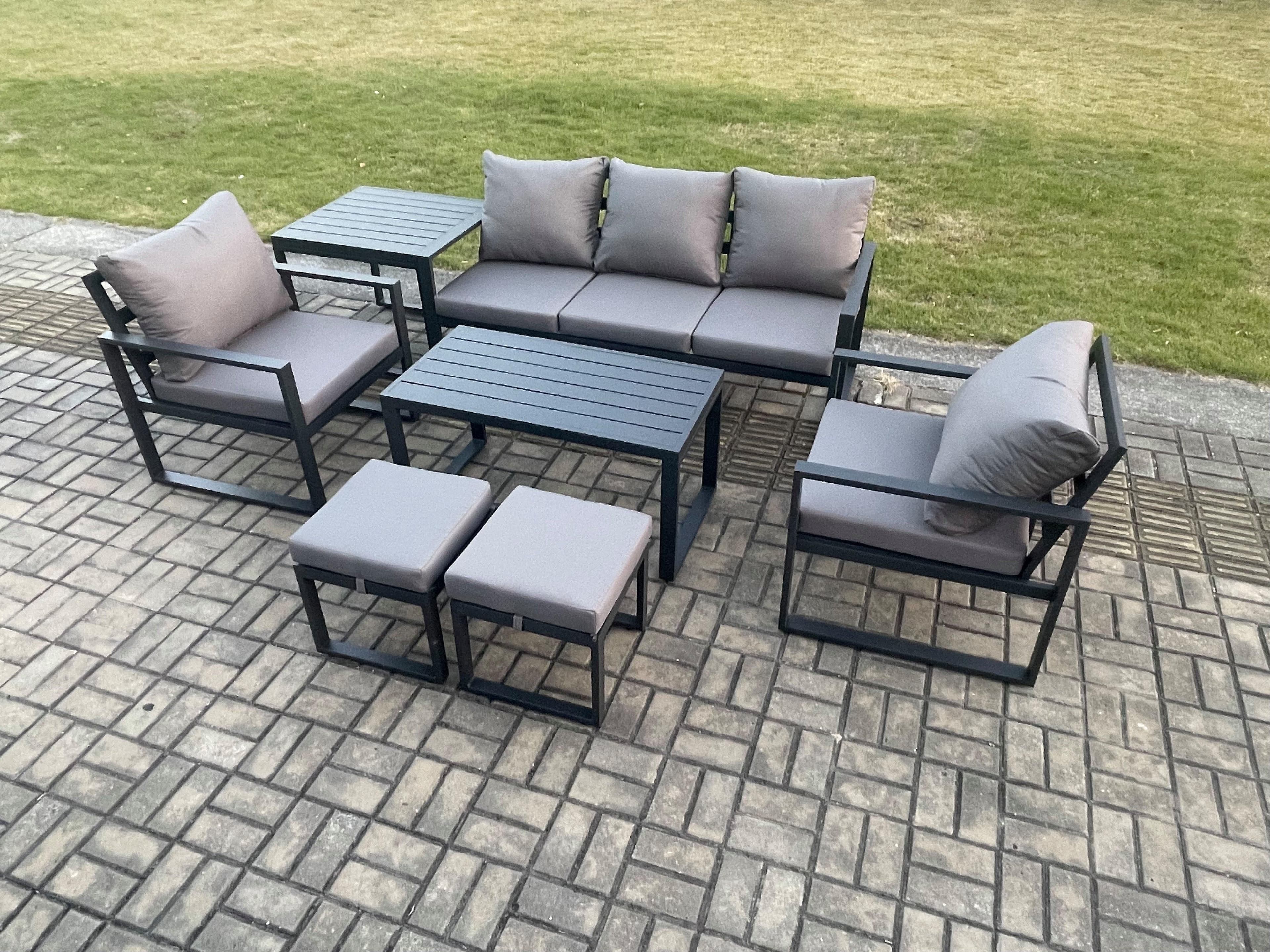 Aluminium Patio Outdoor Furniture Set 7 Seater Garden Sofa Oblong Coffee Table 2 Small Footstools 2 Armchairs Side Table Dark Grey