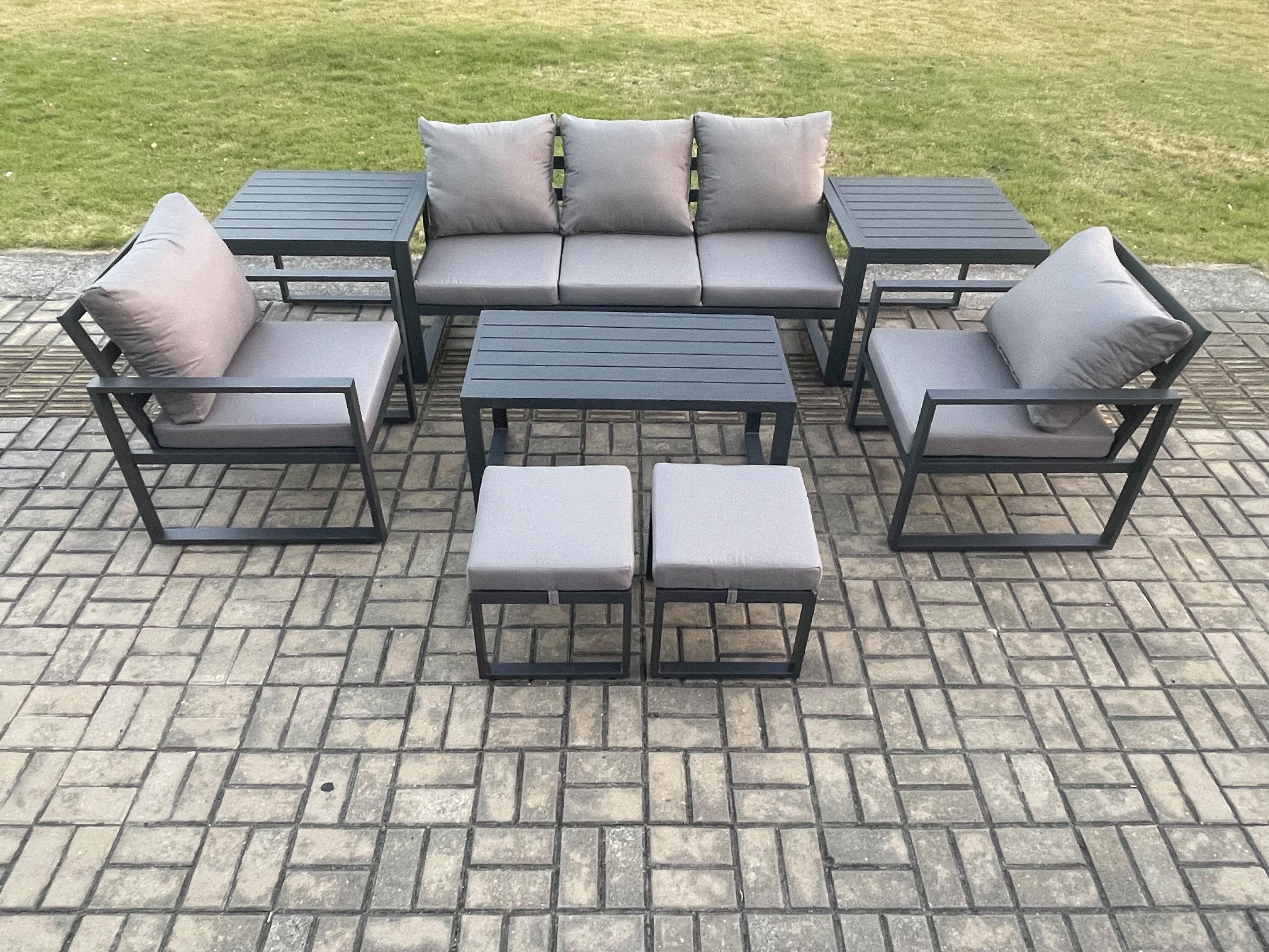 Aluminium Patio Outdoor Furniture Set 8 Pcs Garden Sofa Oblong Coffee Table 2 Small Footstools 2 Armchairs 2 Side Tables Dark Grey