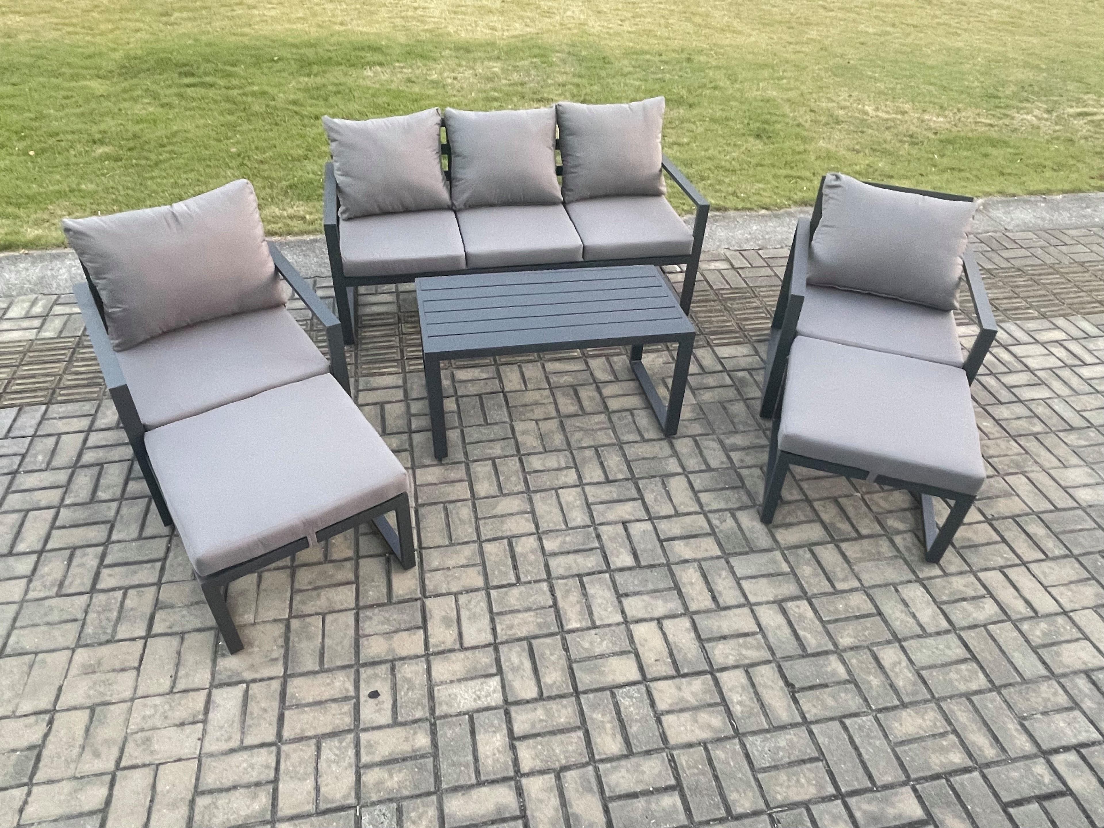 Aluminium 6 Pieces Garden Furniture Sofa Set Cushions 7 Seater Outdoor Patio Set 2 Armchair 2 Big Footstools Dark Grey