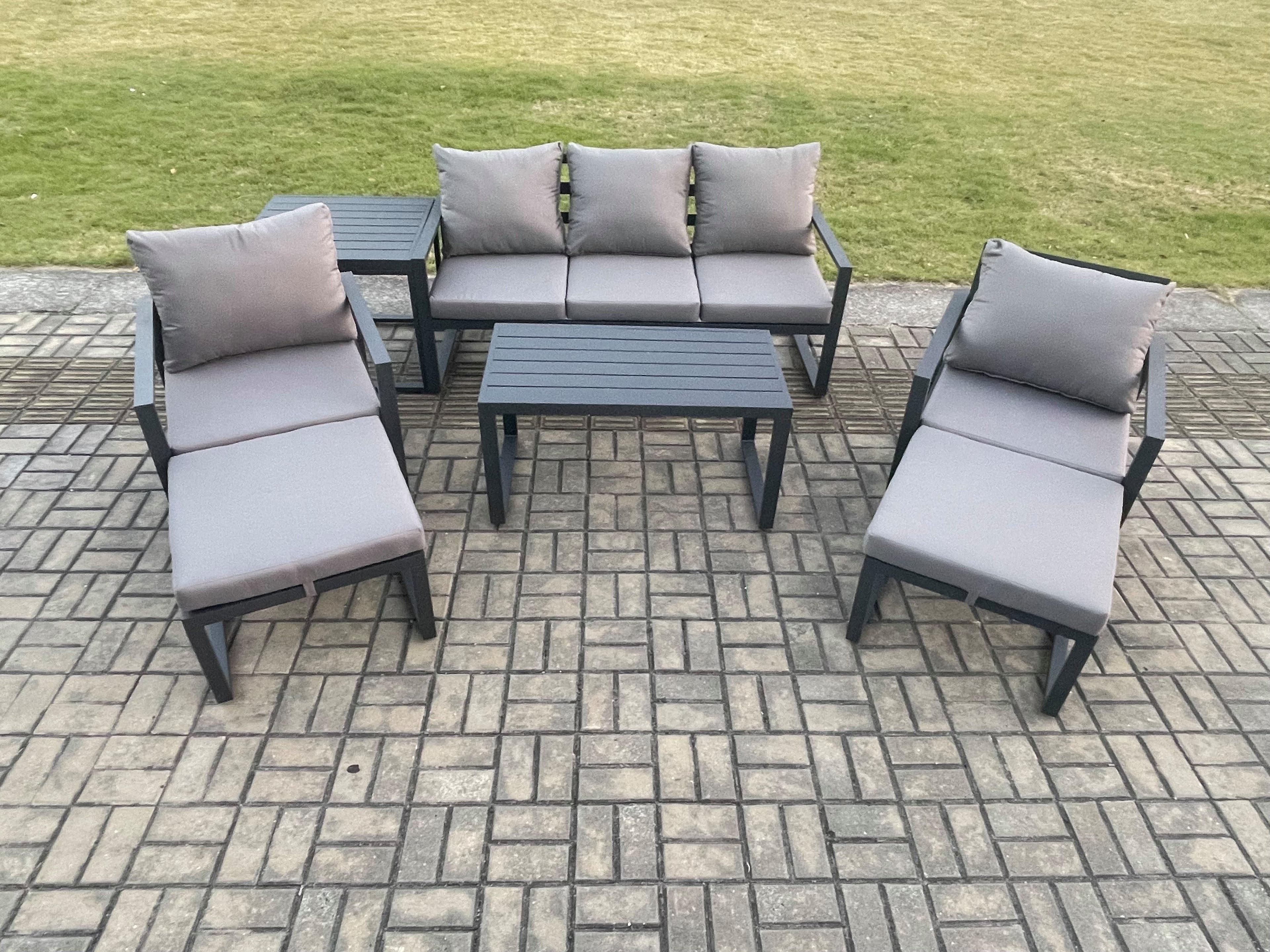 Aluminium 7 Pieces Garden Furniture Sofa Set Cushions 7 Seater Outdoor Patio Set 2 Armchair 2 Big Footstools Side Table Dark Grey