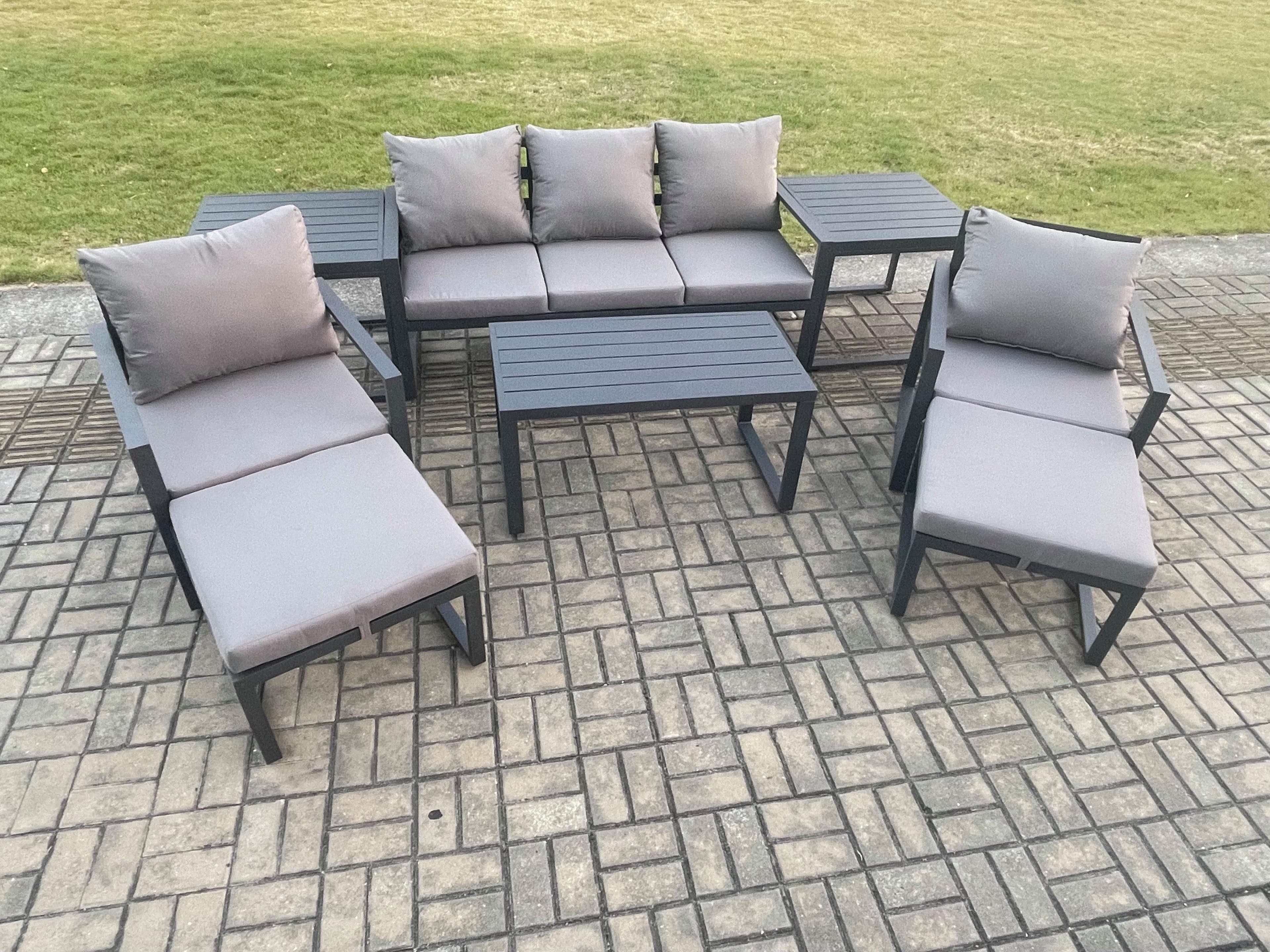 Aluminium 8 Pieces Garden Furniture Sofa Set Cushions 7 Seater Outdoor Patio Set 2 Armchair 2 Big Footstools 2 Side Tables Dark Grey