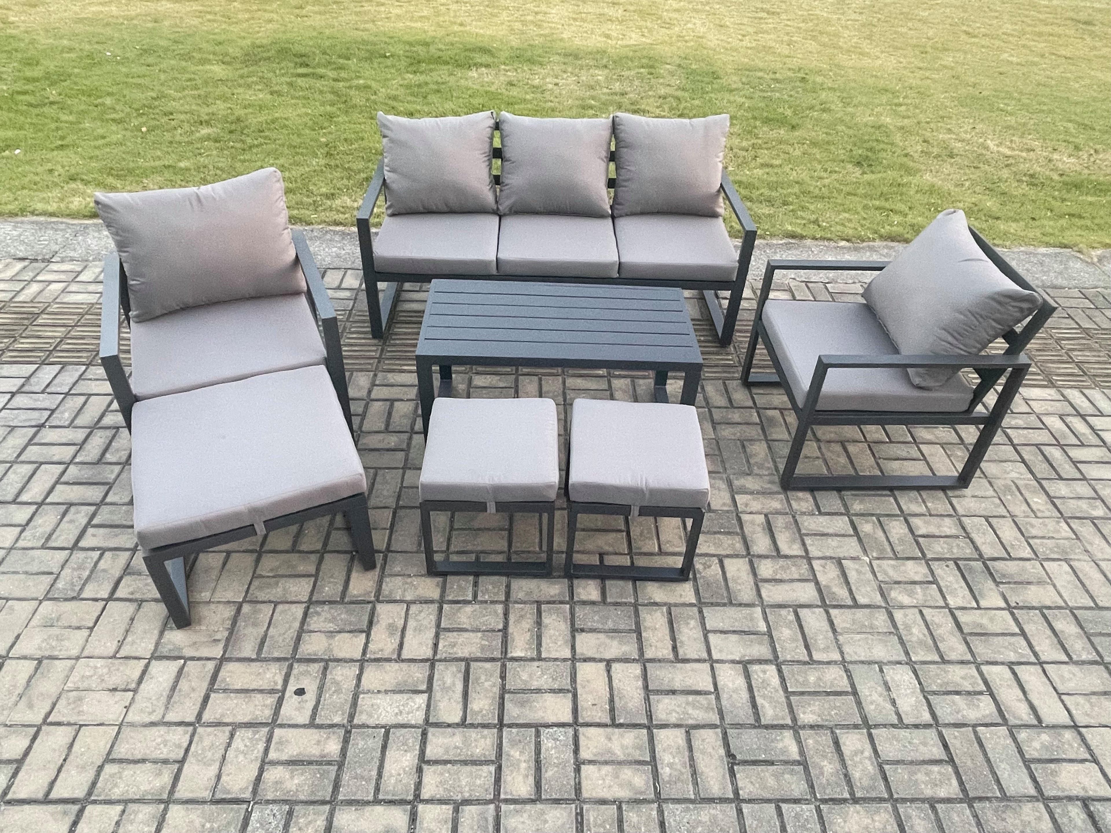 Aluminium 7 Pieces Garden Furniture Sofa Set Cushions 8 Seater Outdoor Patio Set 2 Armchair 3 Footstools Dark Grey