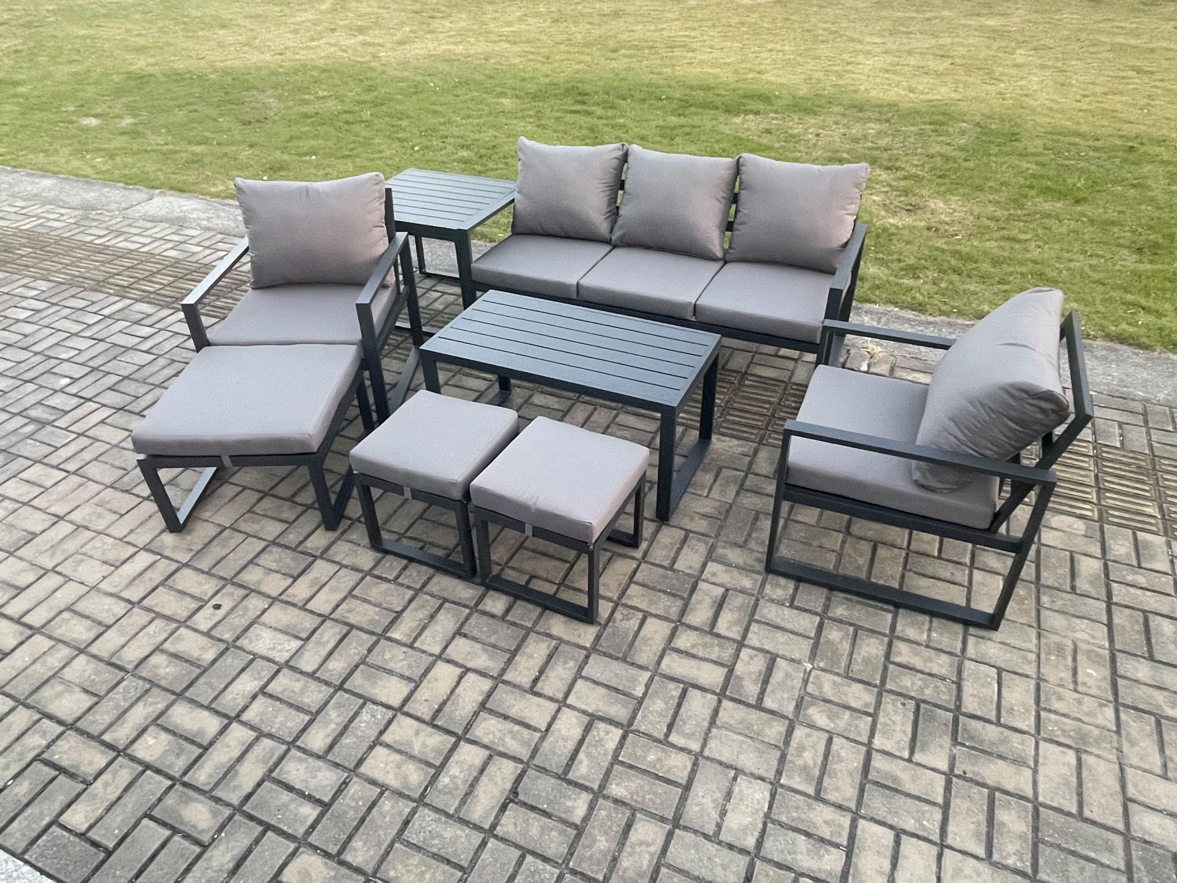 Aluminium 8 Pieces Garden Furniture Sofa Set Cushions 8 Seater Outdoor Patio Set 2 Armchair 3 Footstools Side Table