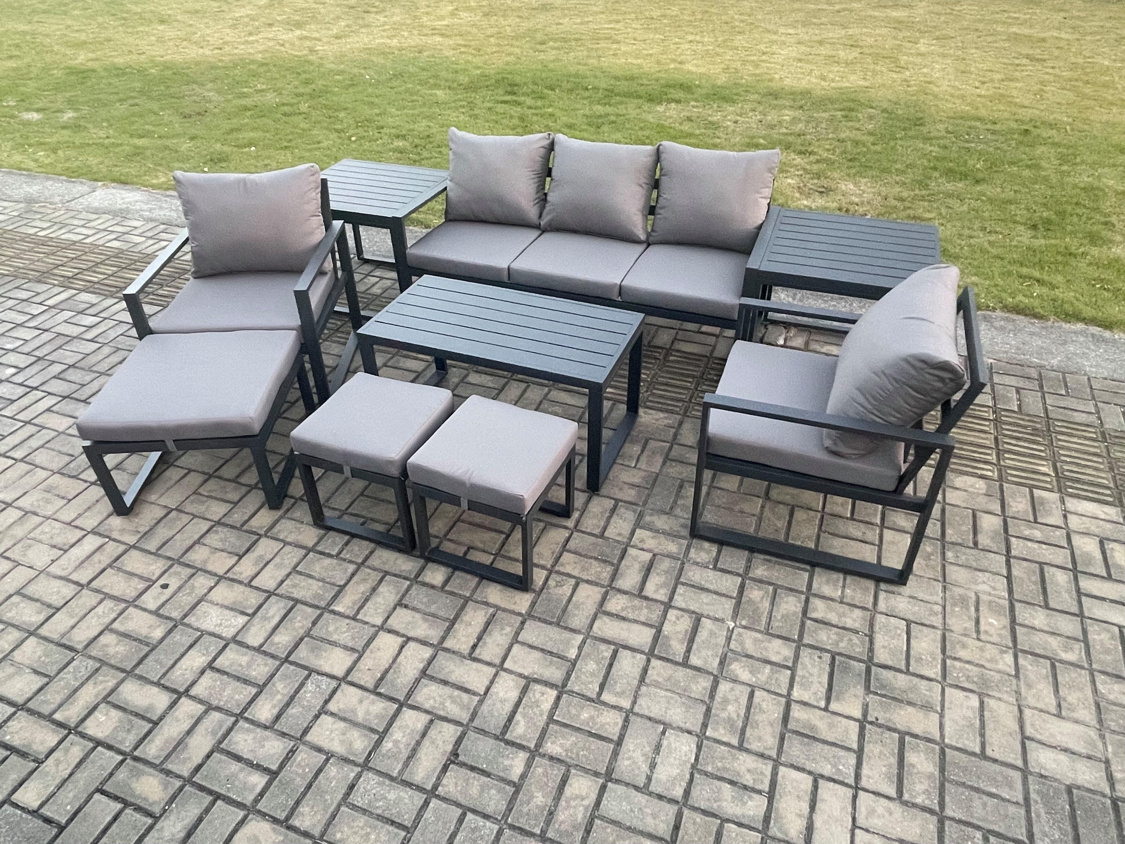 Aluminium 9 Pieces Garden Furniture Sofa Set Cushions 8 Seater Outdoor Patio Set 2 Armchair 3 Footstools Side Table