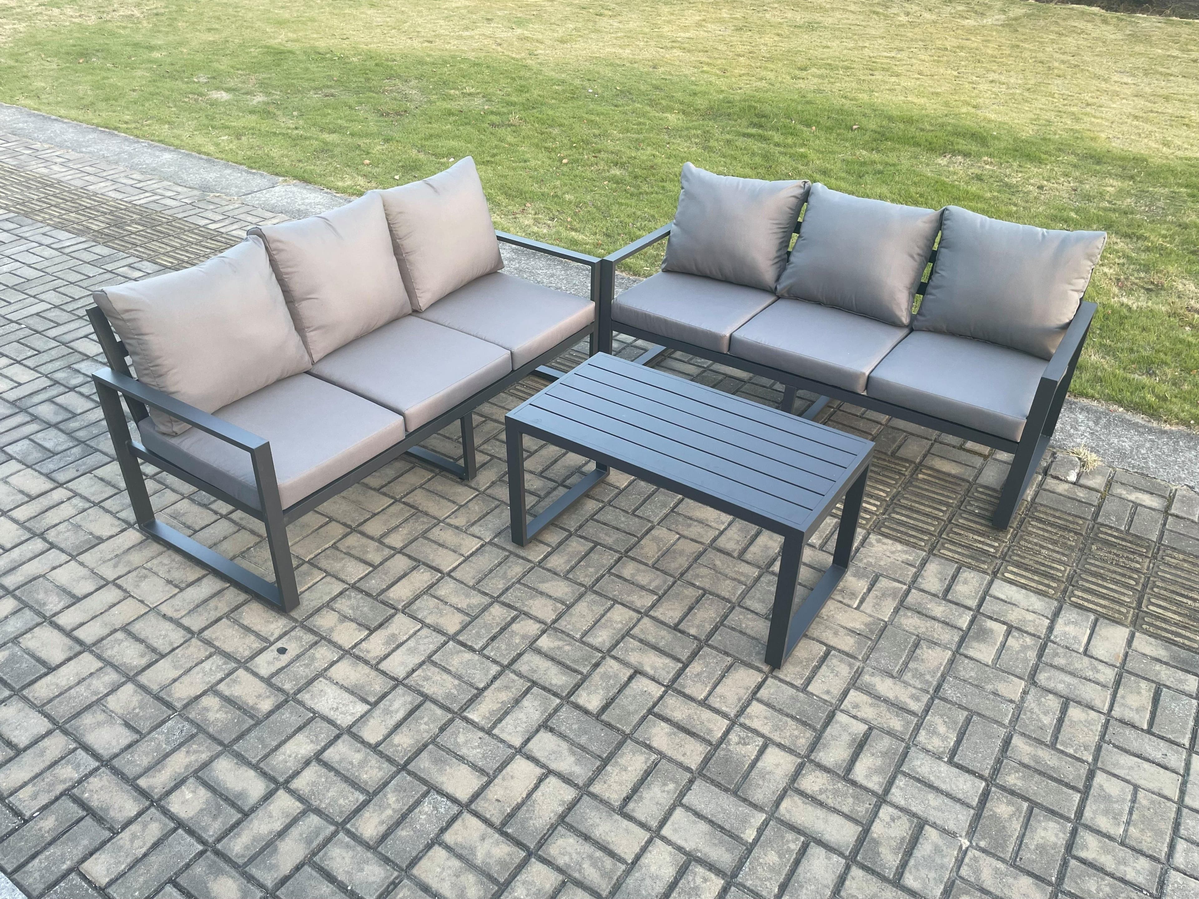 Aluminium 3 Pieces Outdoor Garden Furniture Lounge Sofa Set Oblong Coffee Table Dark Grey
