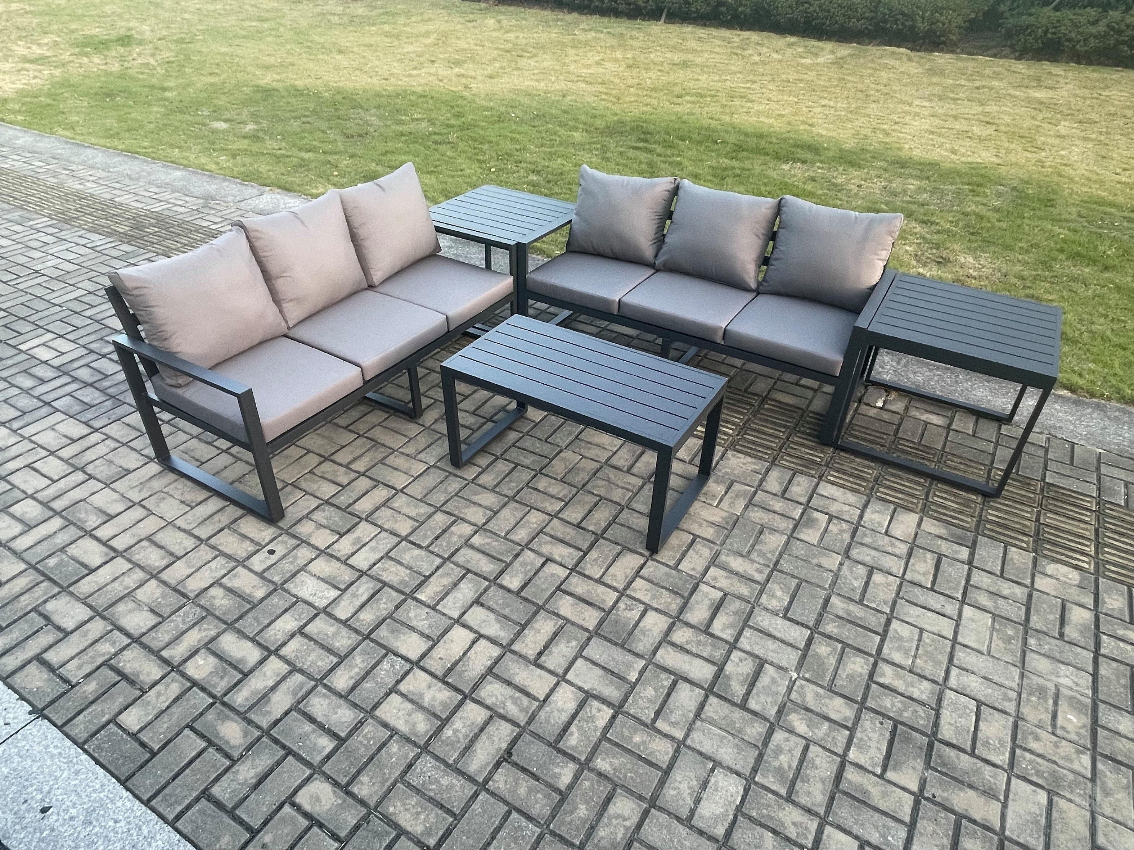 Aluminium 5 Pieces Outdoor Garden Furniture Lounge Sofa Set Oblong Coffee Table 2 Side Tables Dark Grey