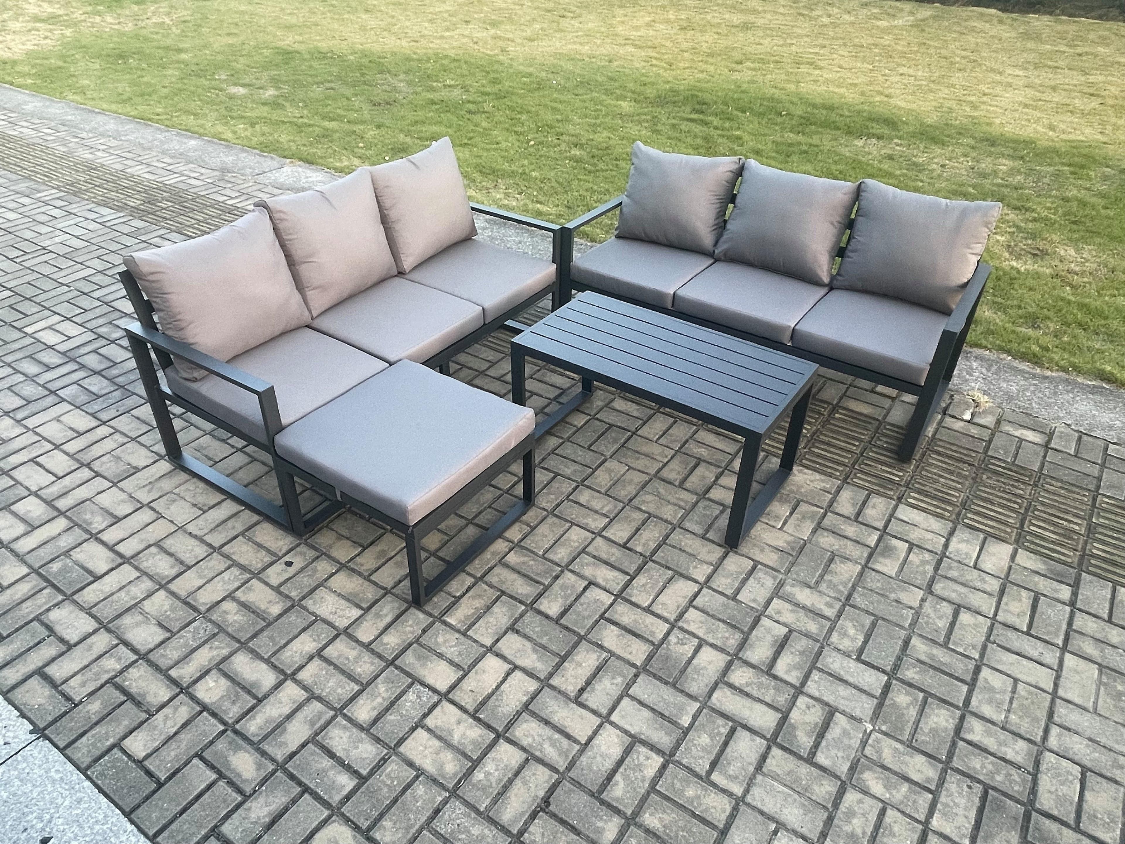 Aluminium 4 Pieces Outdoor Garden Furniture Lounge Sofa Set Oblong Coffee Table Big Footstool Dark Grey