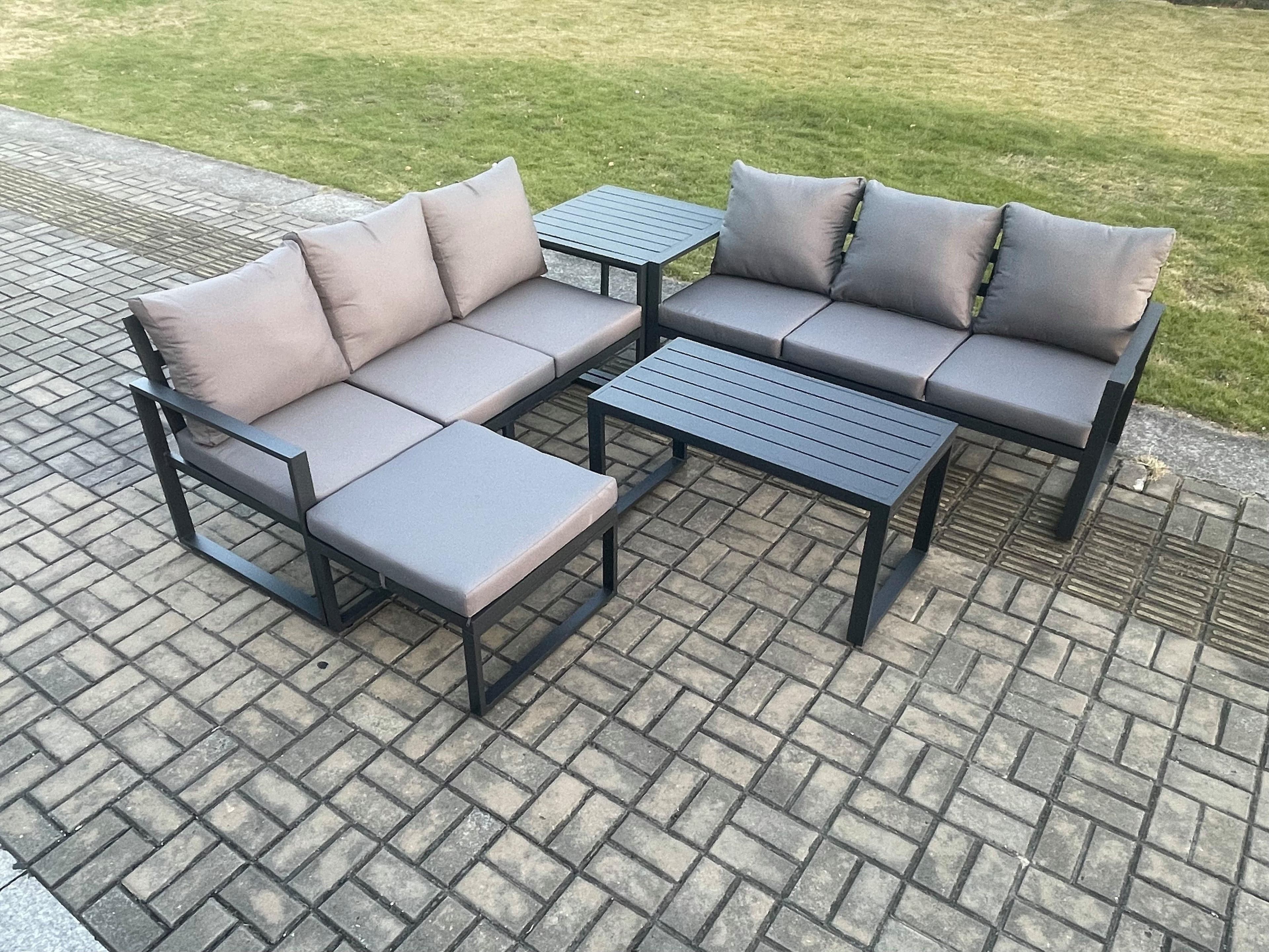 Aluminium 5 Pieces Outdoor Garden Furniture Lounge Sofa Set Oblong Coffee Table Big Footstool Side Table Dark Grey