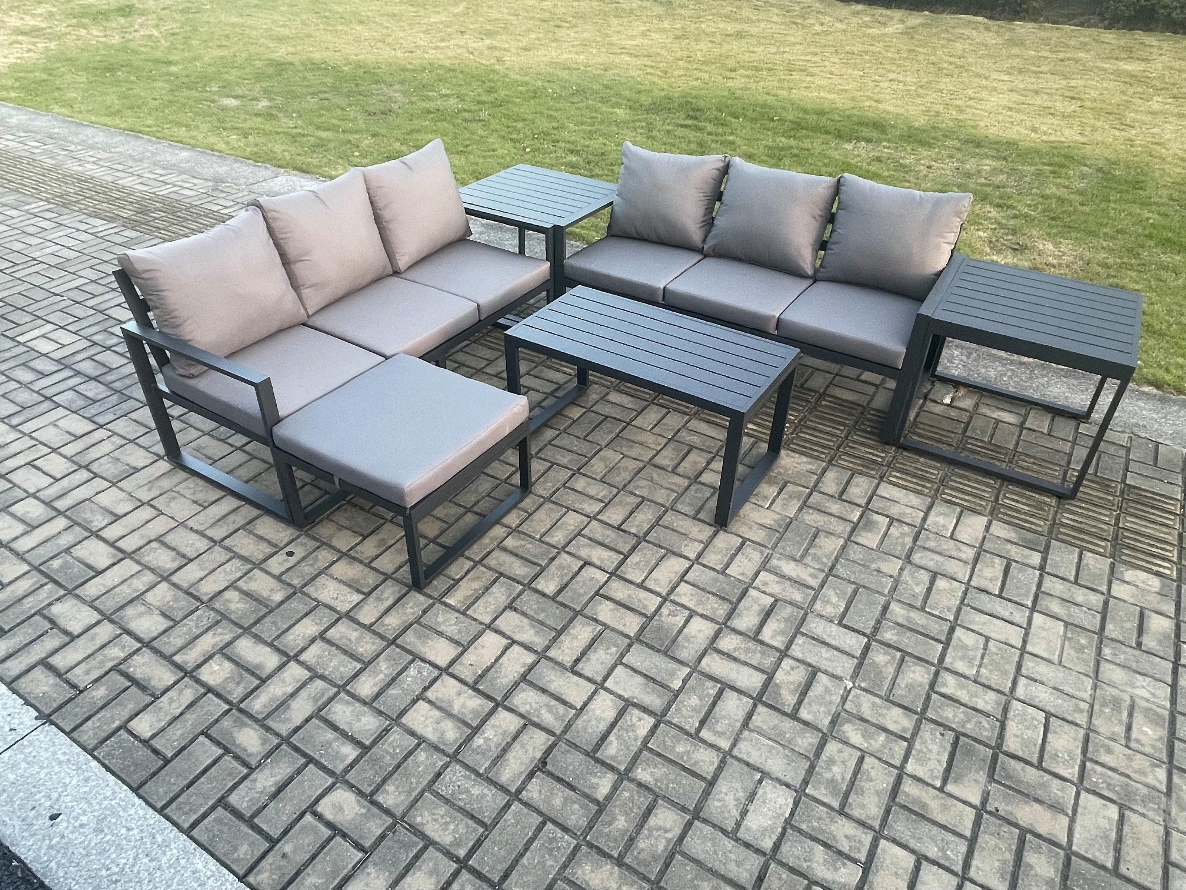 Aluminium 6 Pieces Outdoor Garden Furniture Lounge Sofa Set Oblong Coffee Table Big Footstool 2 Side Tables Dark Grey
