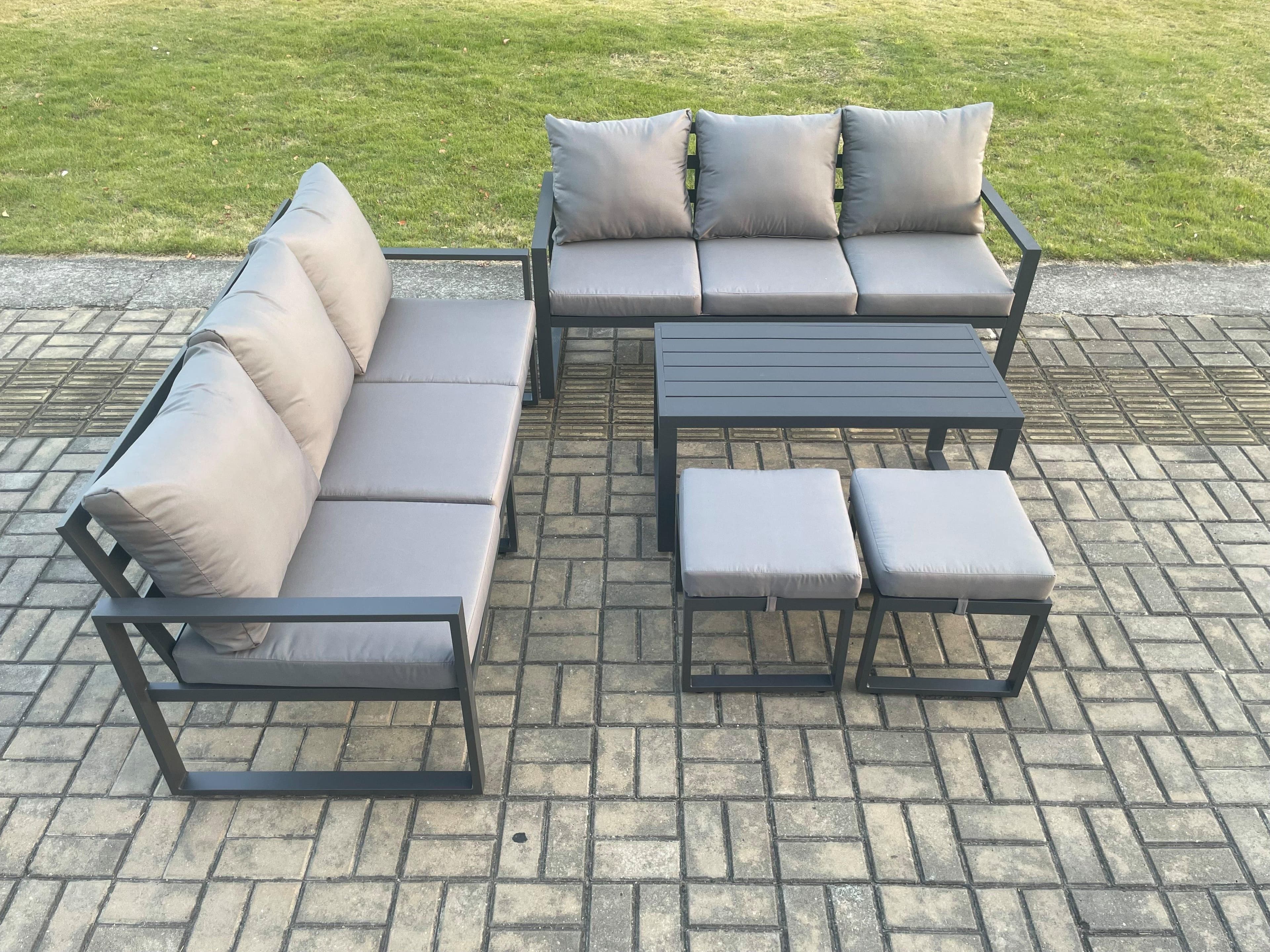 Aluminium Patio Outdoor Garden Furniture Lounge Sofa Set Oblong Coffee Table 2 Small Footstools Dark Grey