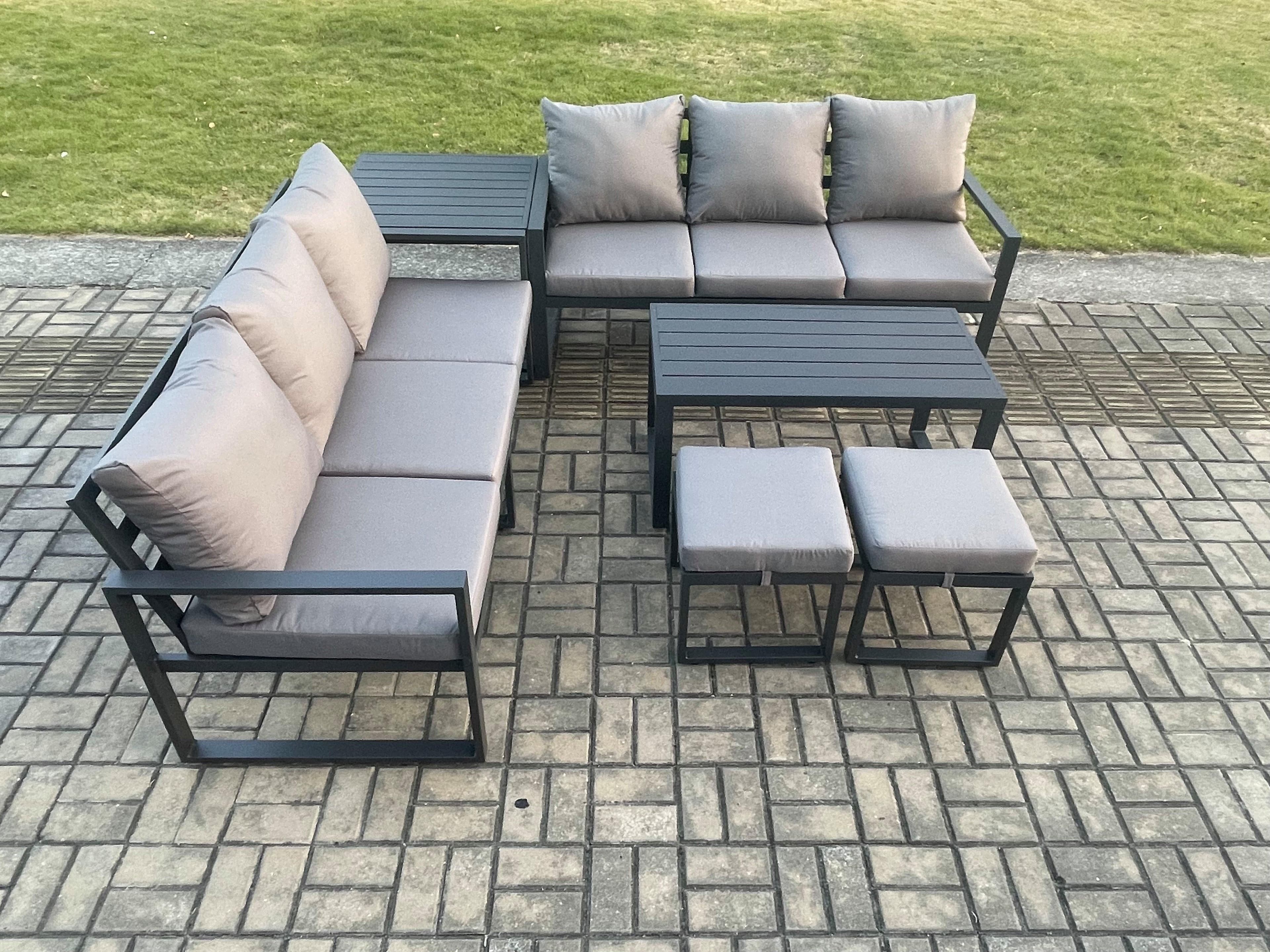 Aluminium Patio Outdoor Garden Furniture Lounge Sofa Set Oblong Coffee Table 2 Small Footstools Side Table Dark Grey
