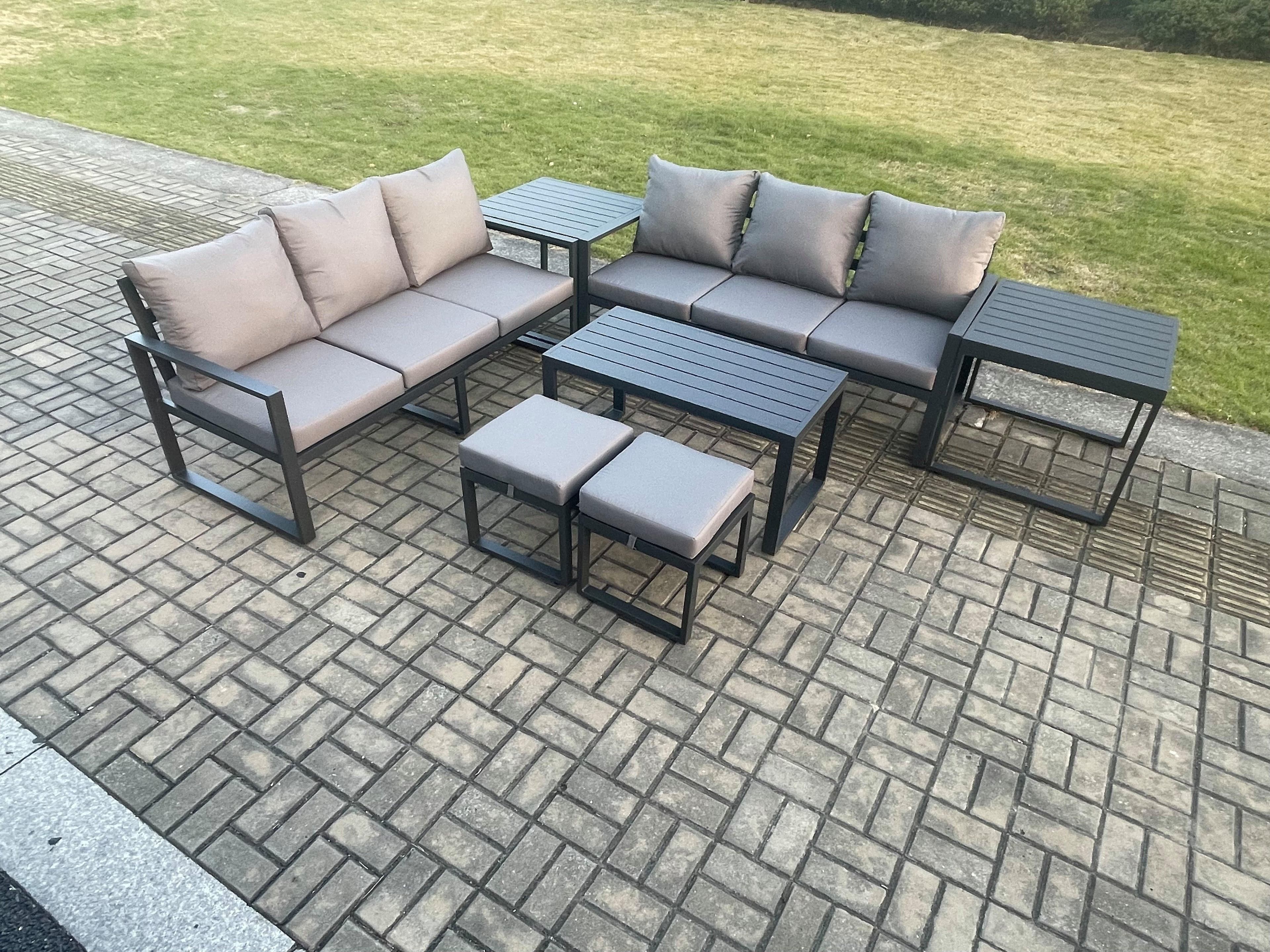 Aluminium Patio Outdoor Garden Furniture Lounge Sofa Set Oblong Coffee Table 2 Small Footstools 2 Side Tables Dark Grey