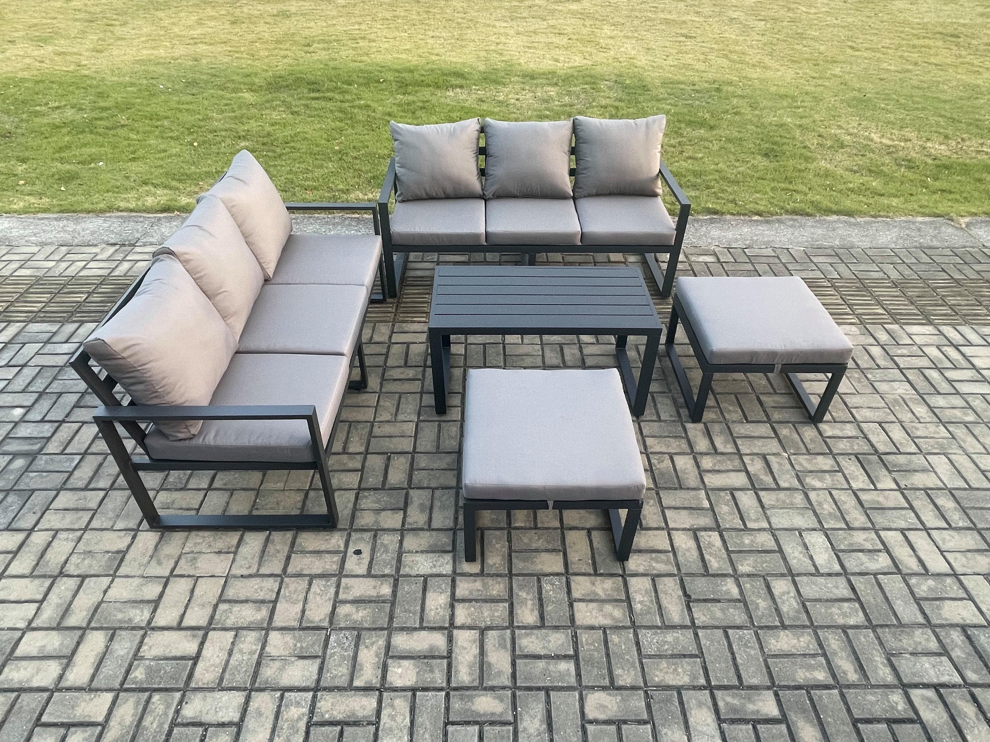 Aluminium Patio Outdoor Garden Furniture Lounge Sofa Set Oblong Coffee Table 2 Big Footstools Dark Grey