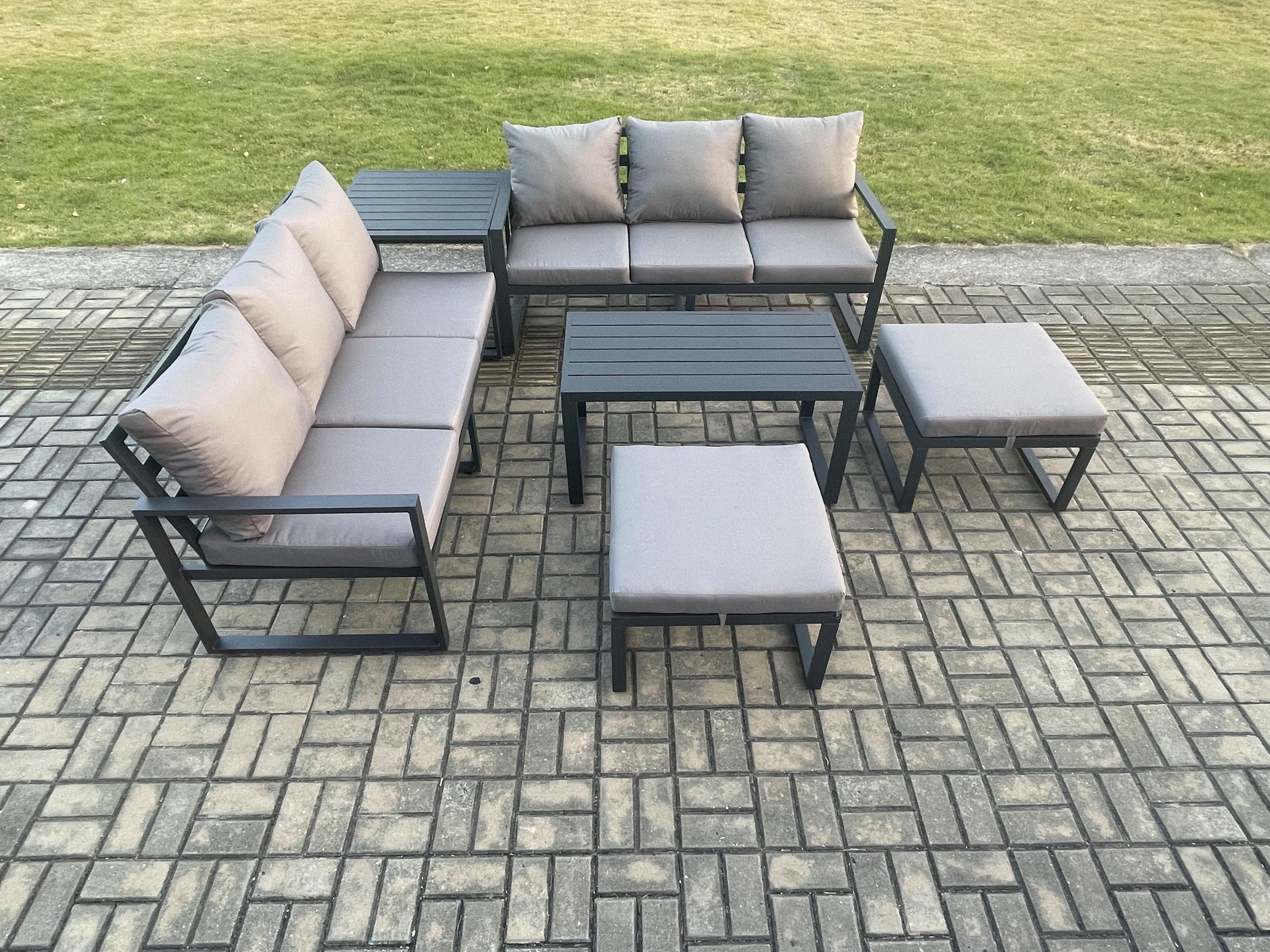 Aluminium Patio Outdoor Garden Furniture Lounge Sofa Set Oblong Coffee Table 2 Big Footstools Side Table Dark Grey