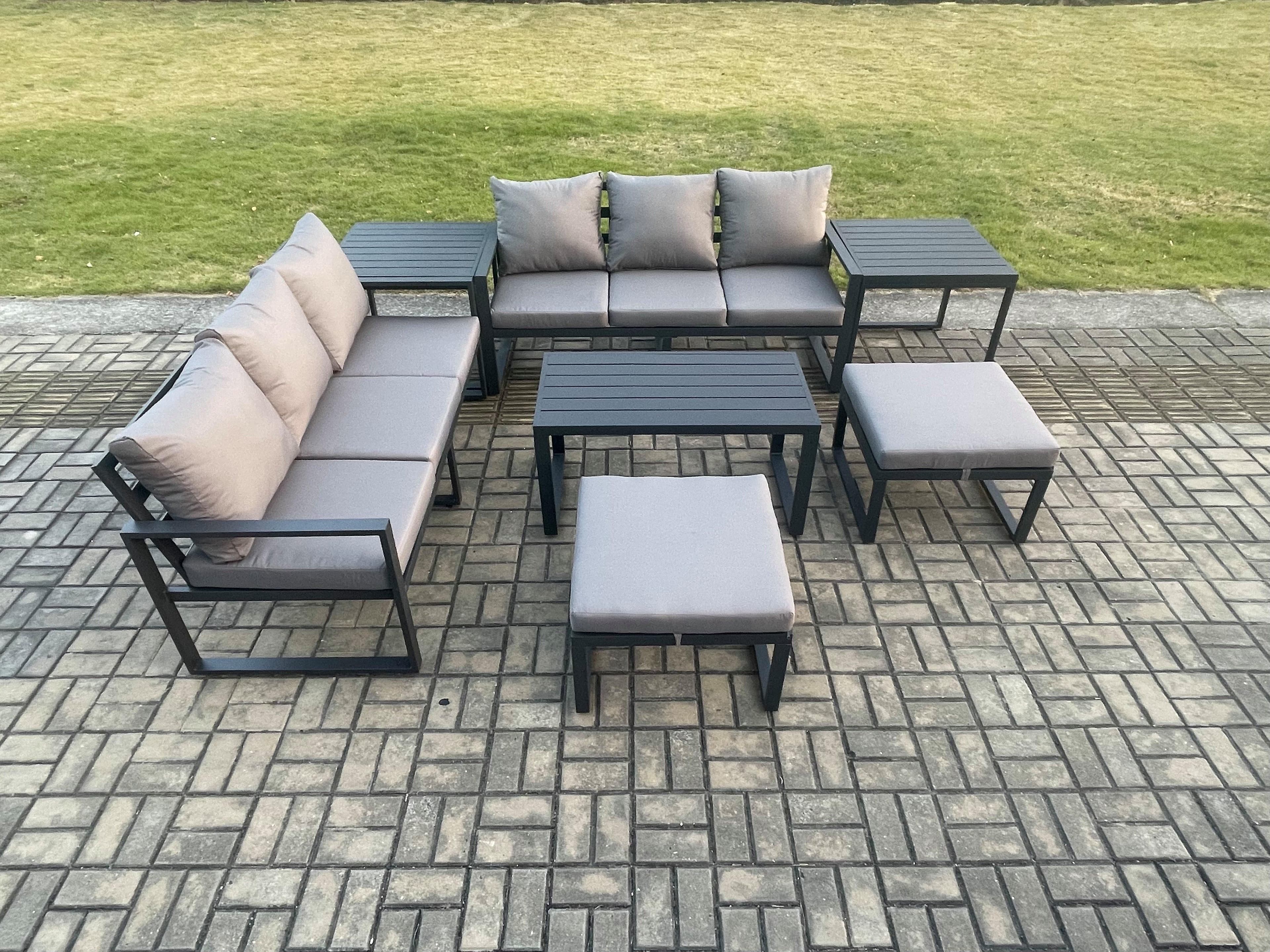 Aluminium Patio Outdoor Garden Furniture Lounge Sofa Set Oblong Coffee Table 2 Big Footstools 2 Side Tables Dark Grey