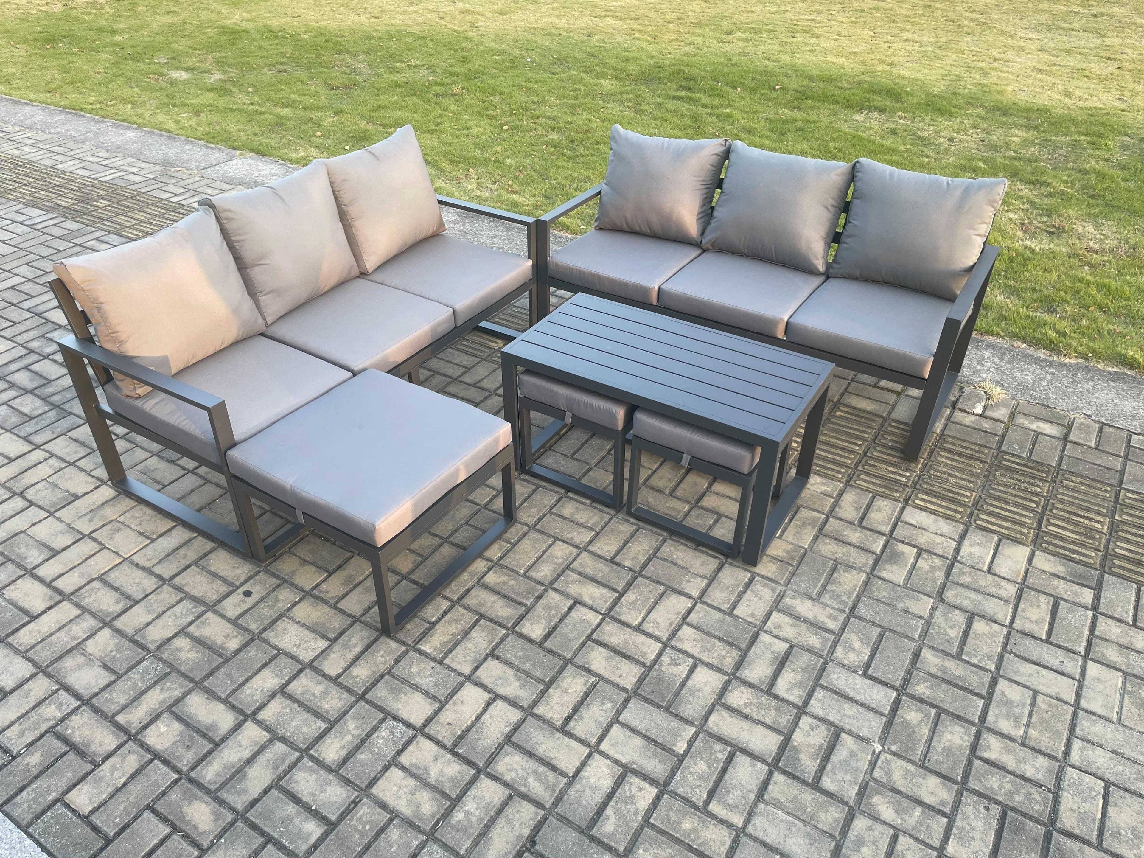 Aluminium Patio Outdoor Garden Furniture Lounge Sofa Set Oblong Coffee Table 3 Footstools Dark Grey