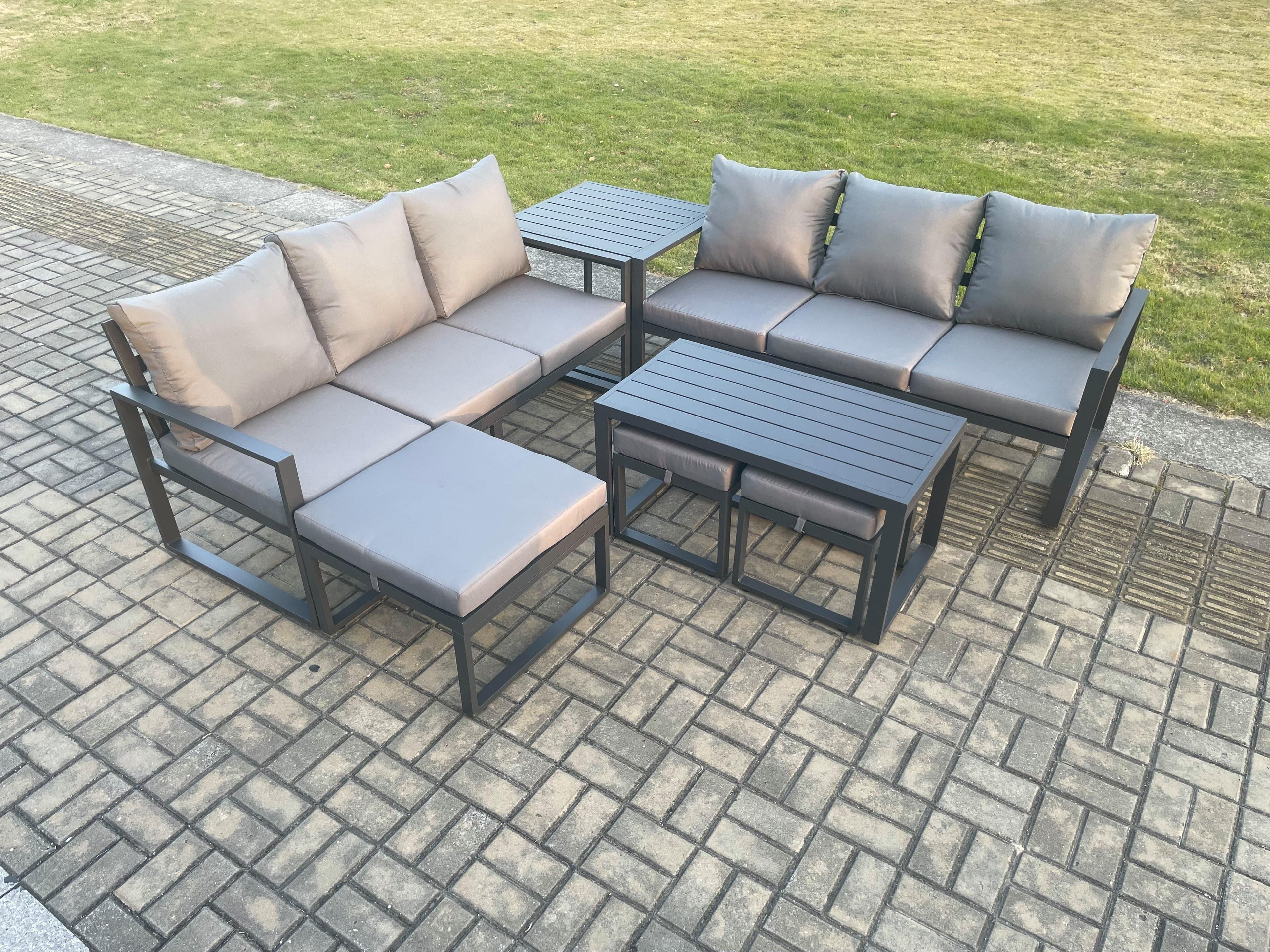 Aluminium 9 Seater Garden Furniture Outdoor Patio Sofa Set Rectangular Coffee Table 3 Footstools Side Table Dark Grey