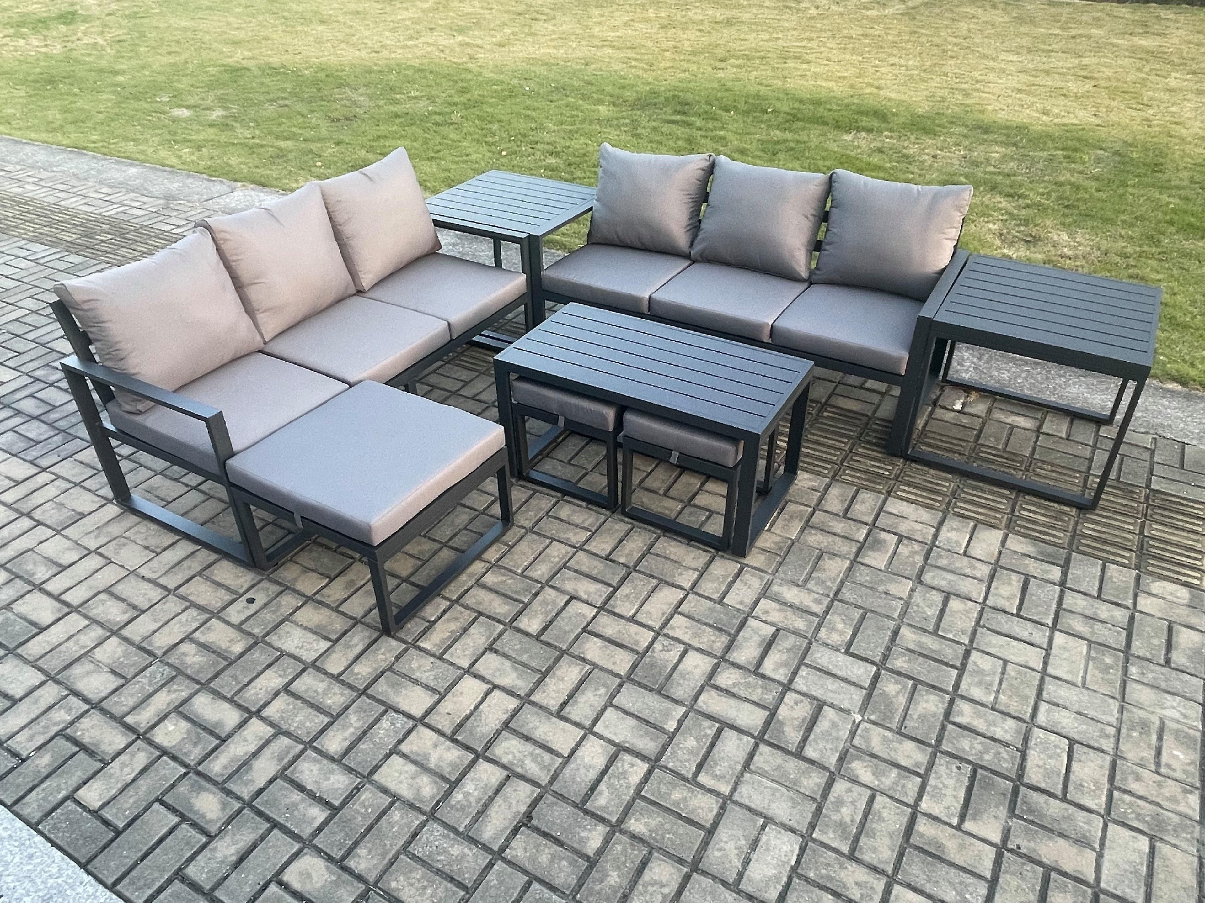 Aluminium 9 Seater Garden Furniture Outdoor Patio Sofa Set Rectangular Coffee Table 3 Footstools 2 Side Tables Dark Grey