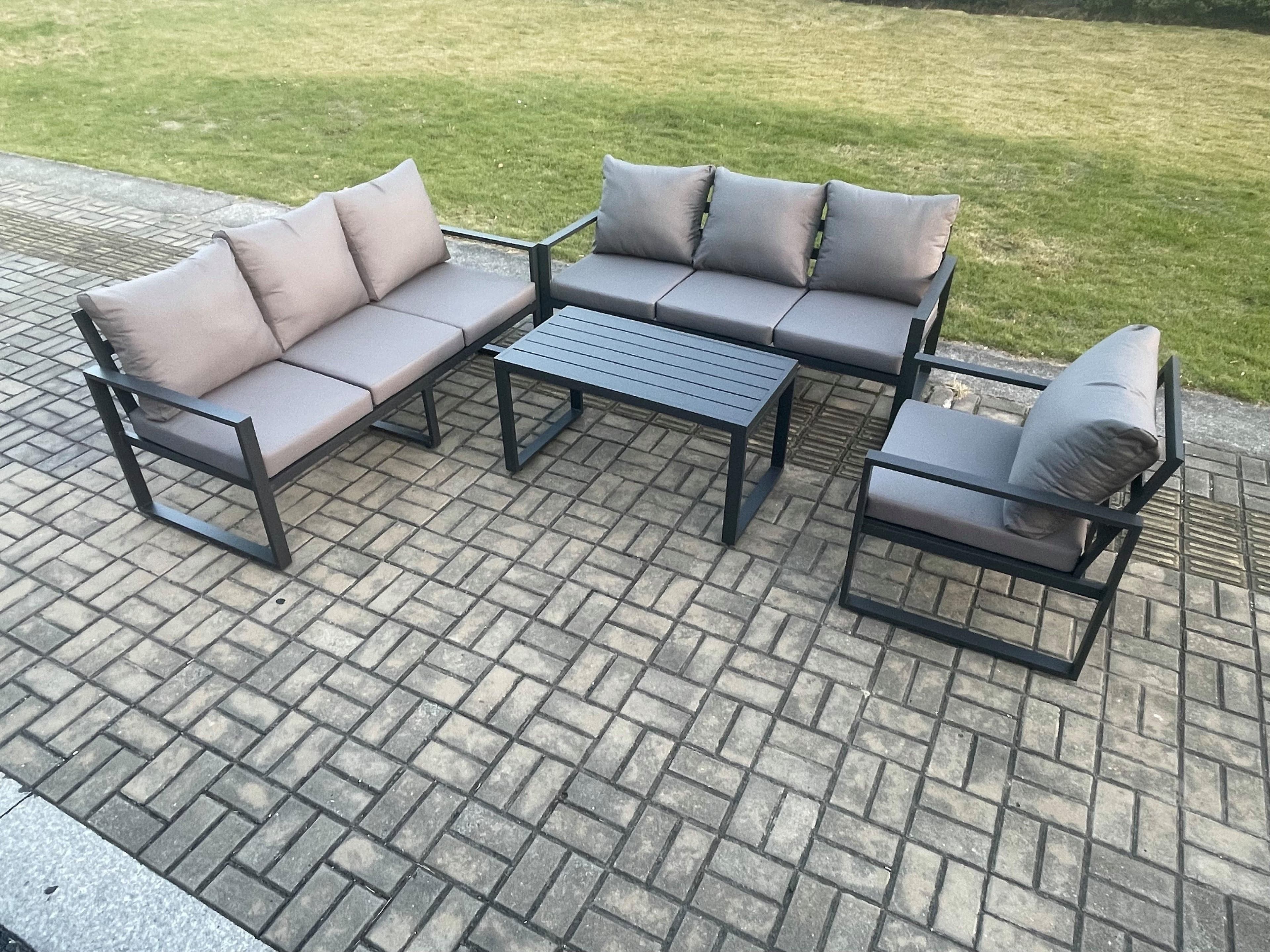 Aluminium 7 Seater Garden Furniture Outdoor Patio Sofa Set Rectangular Coffee Table Armchair Dark Grey