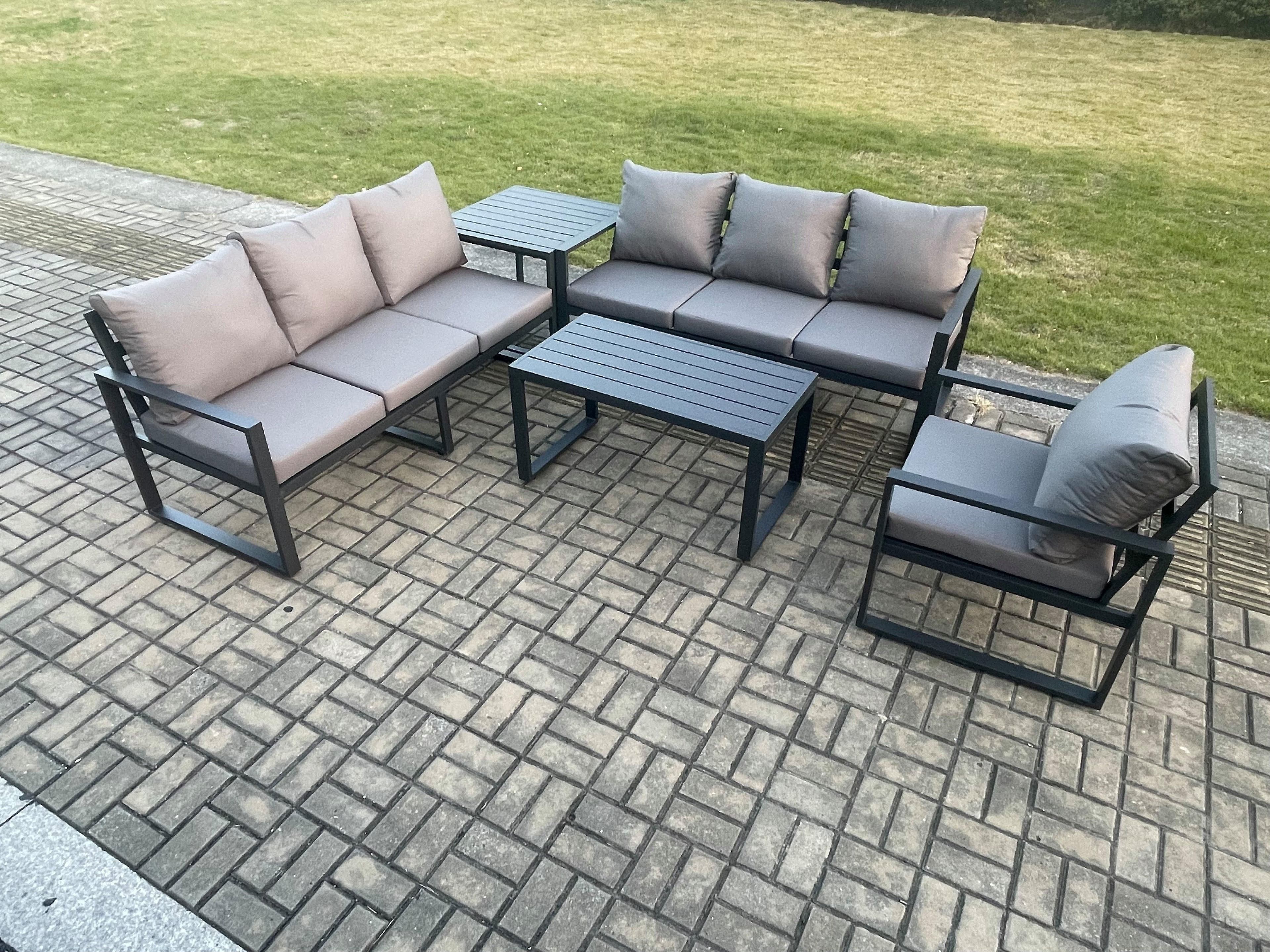 Aluminium 7 Seater Garden Furniture Outdoor Patio Sofa Set Rectangular Coffee Table Armchair Side Table Dark Grey