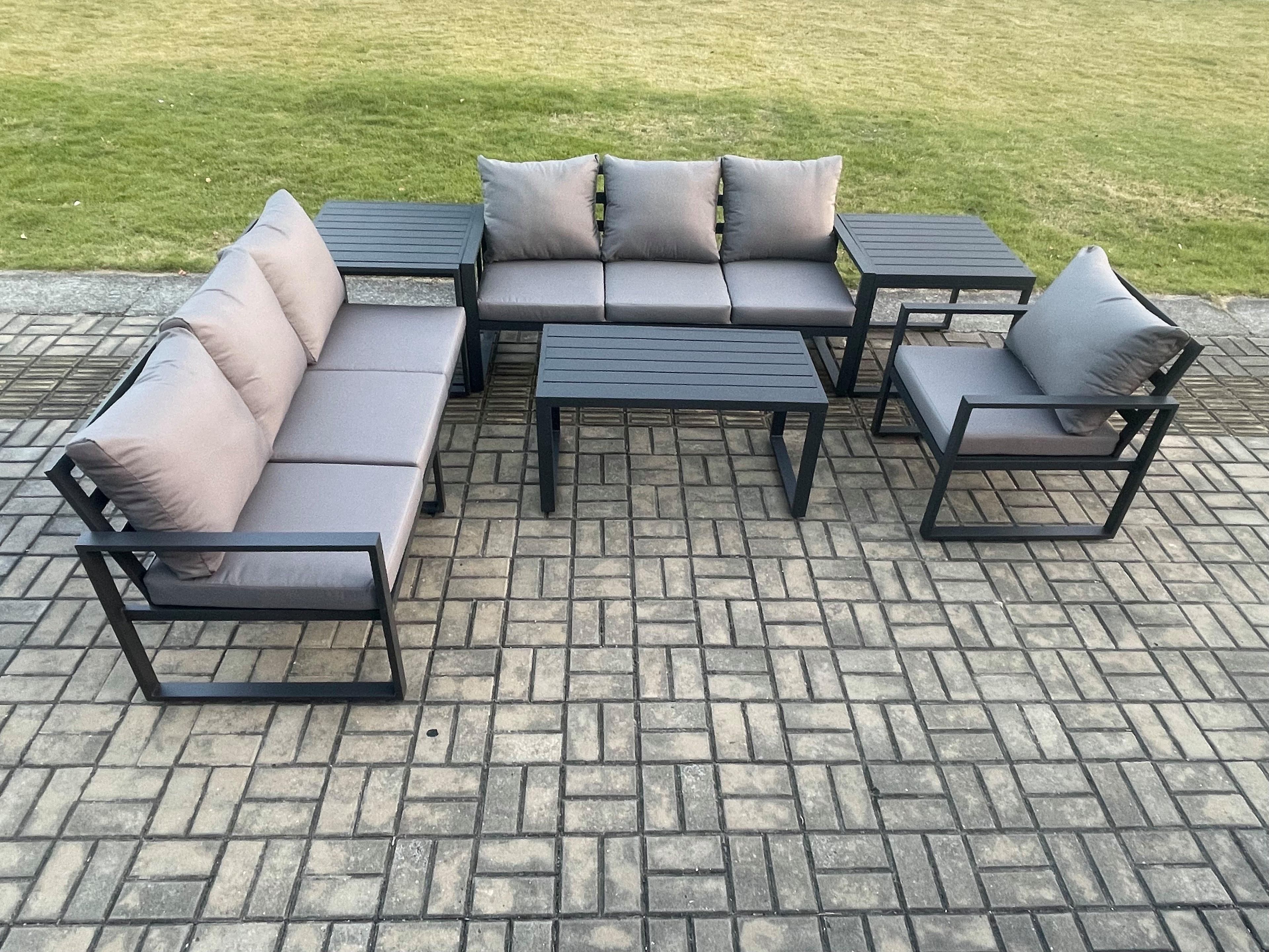 Aluminium 7 Seater Garden Furniture Outdoor Patio Sofa Set Rectangular Coffee Table Armchair 2 Side Tables Dark Grey