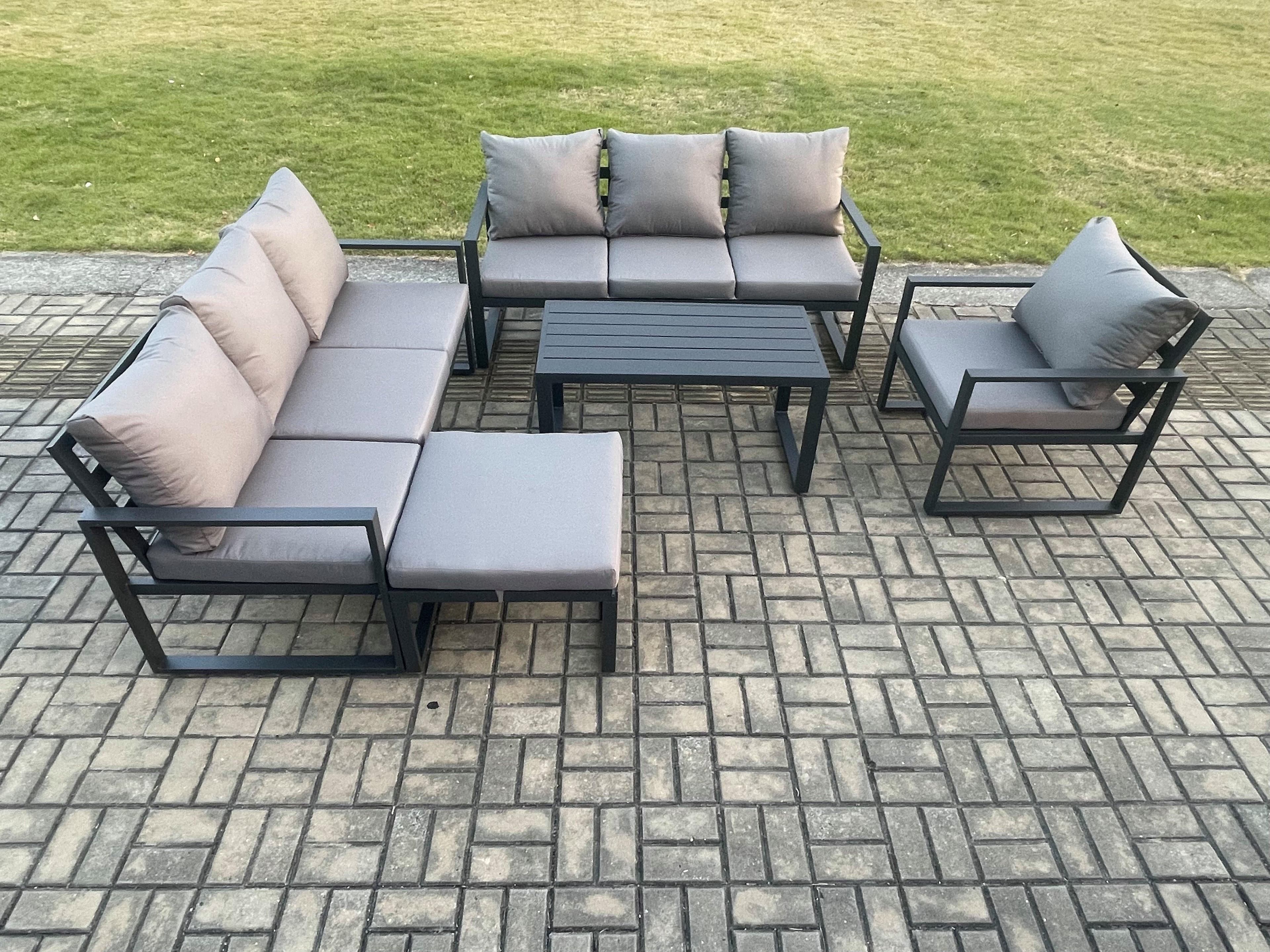 Aluminium 8 Seater Garden Furniture Outdoor Patio Sofa Set Rectangular Coffee Table Armchair Big Footstool Dark Grey