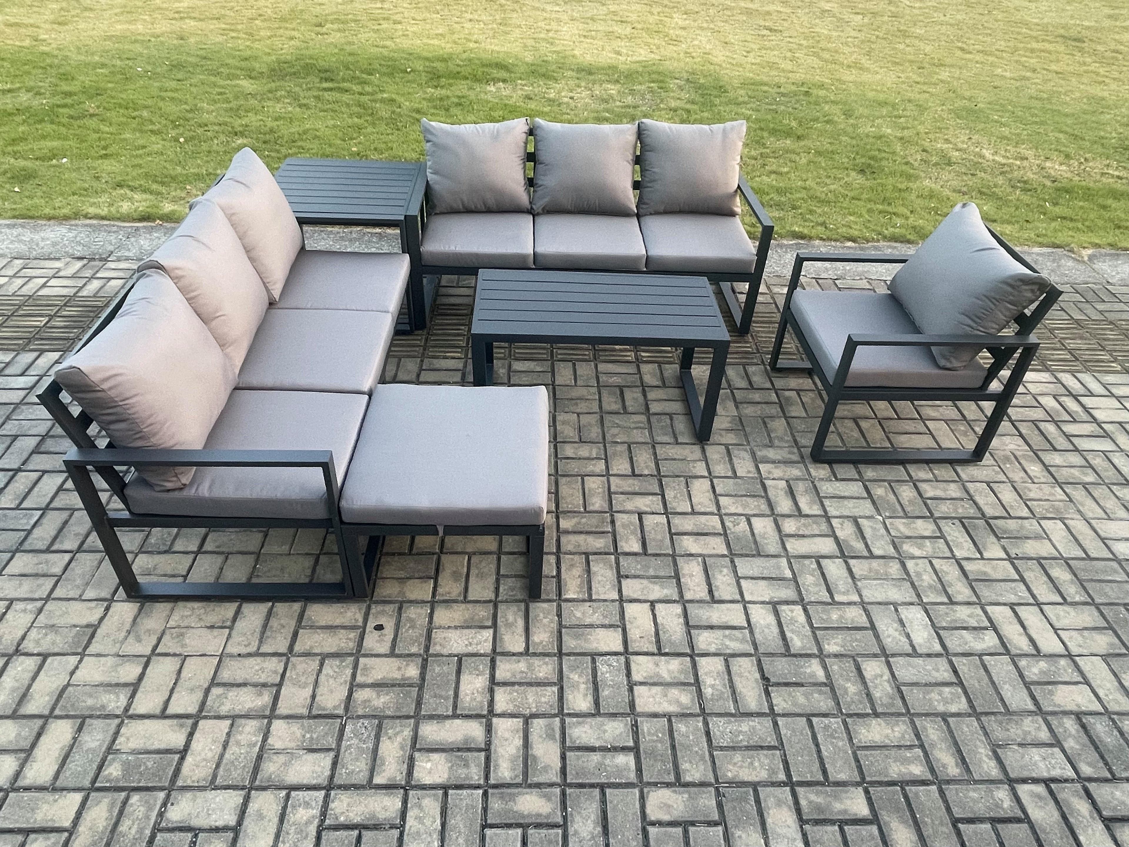 Aluminium 8 Seater Garden Furniture Outdoor Patio Sofa Set Rectangular Coffee Table Armchair Big Footstool Side Table
