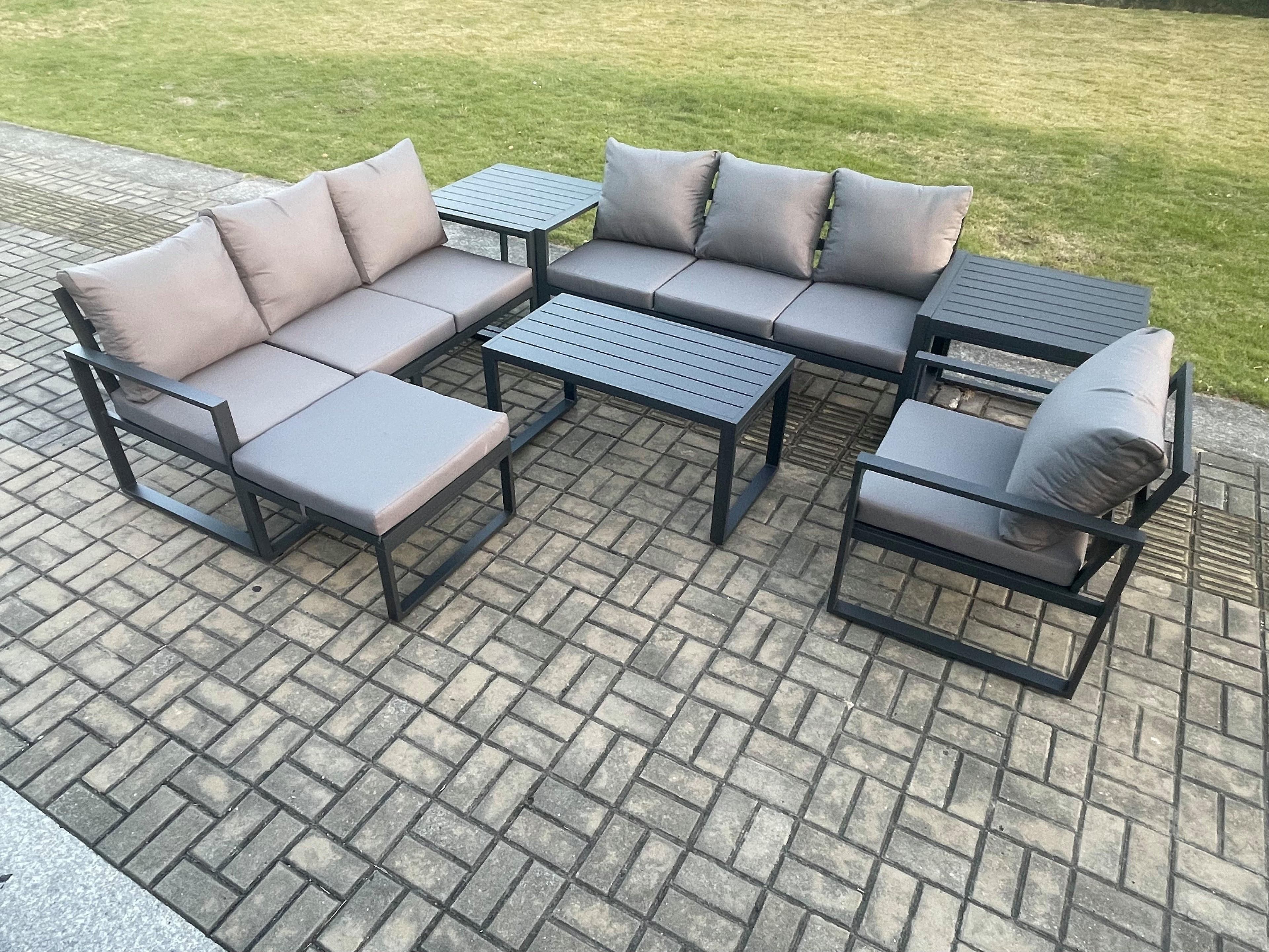 Aluminium 8 Seater Garden Furniture Outdoor Patio Sofa Set Rectangular Coffee Table Armchair Big Footstool 2 Side Tables