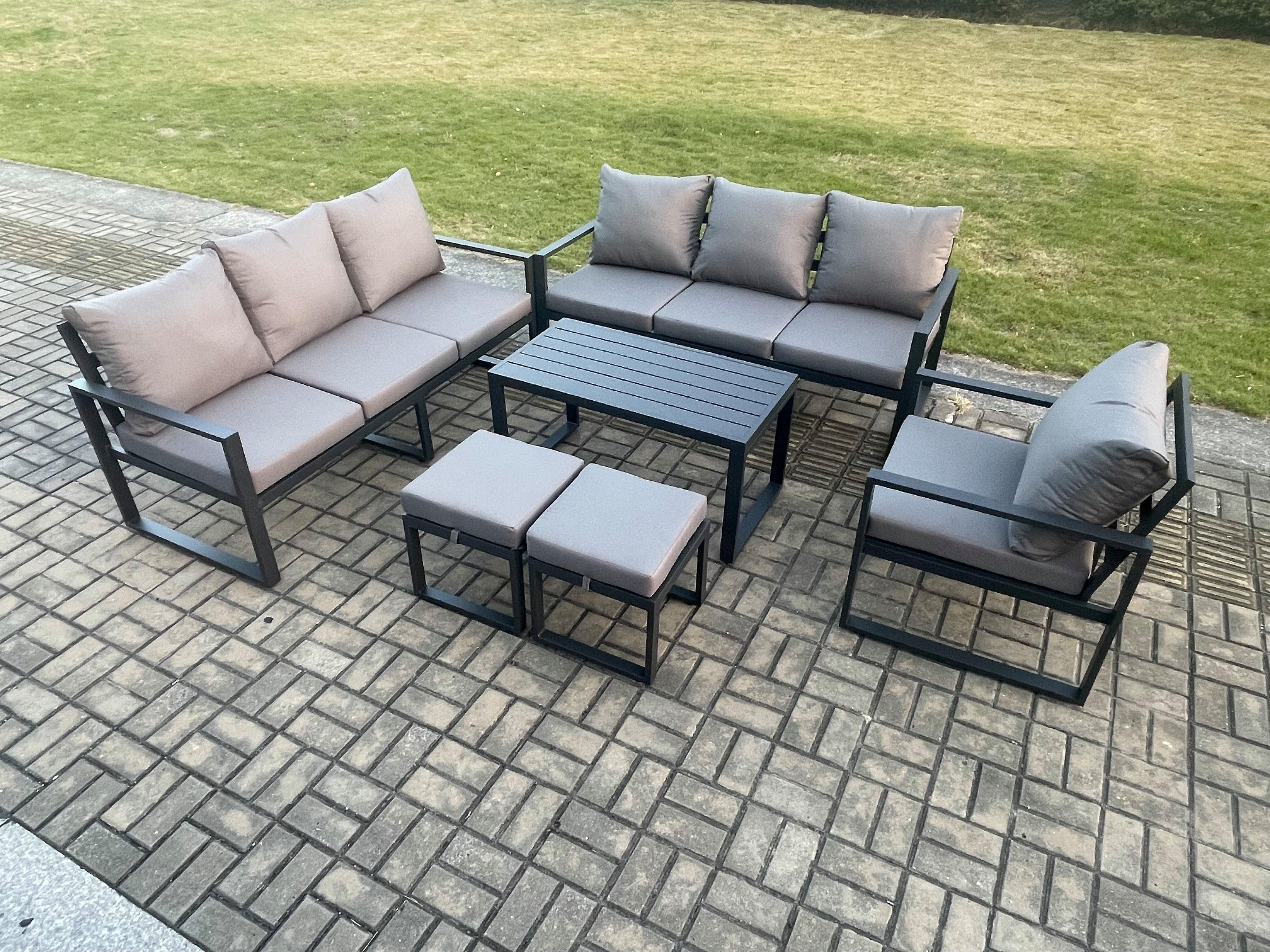 Aluminium 9 Seater Garden Furniture Outdoor Patio Sofa Set Rectangular Coffee Table Armchair 2 Small Footstool