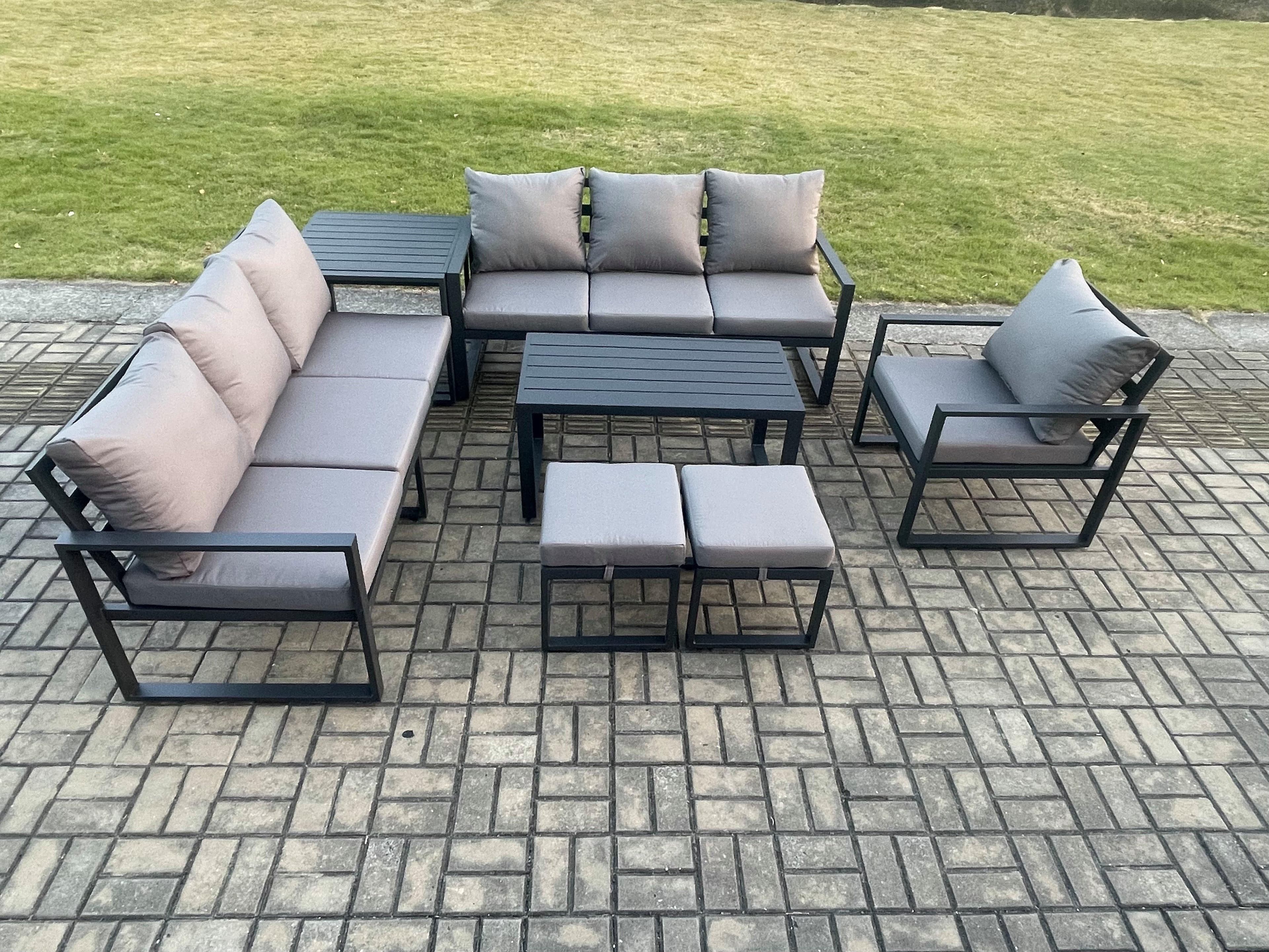 Aluminium 9 Seater Garden Furniture Outdoor Patio Sofa Set Rectangular Coffee Table Armchair 2 Small Footstool Side Table
